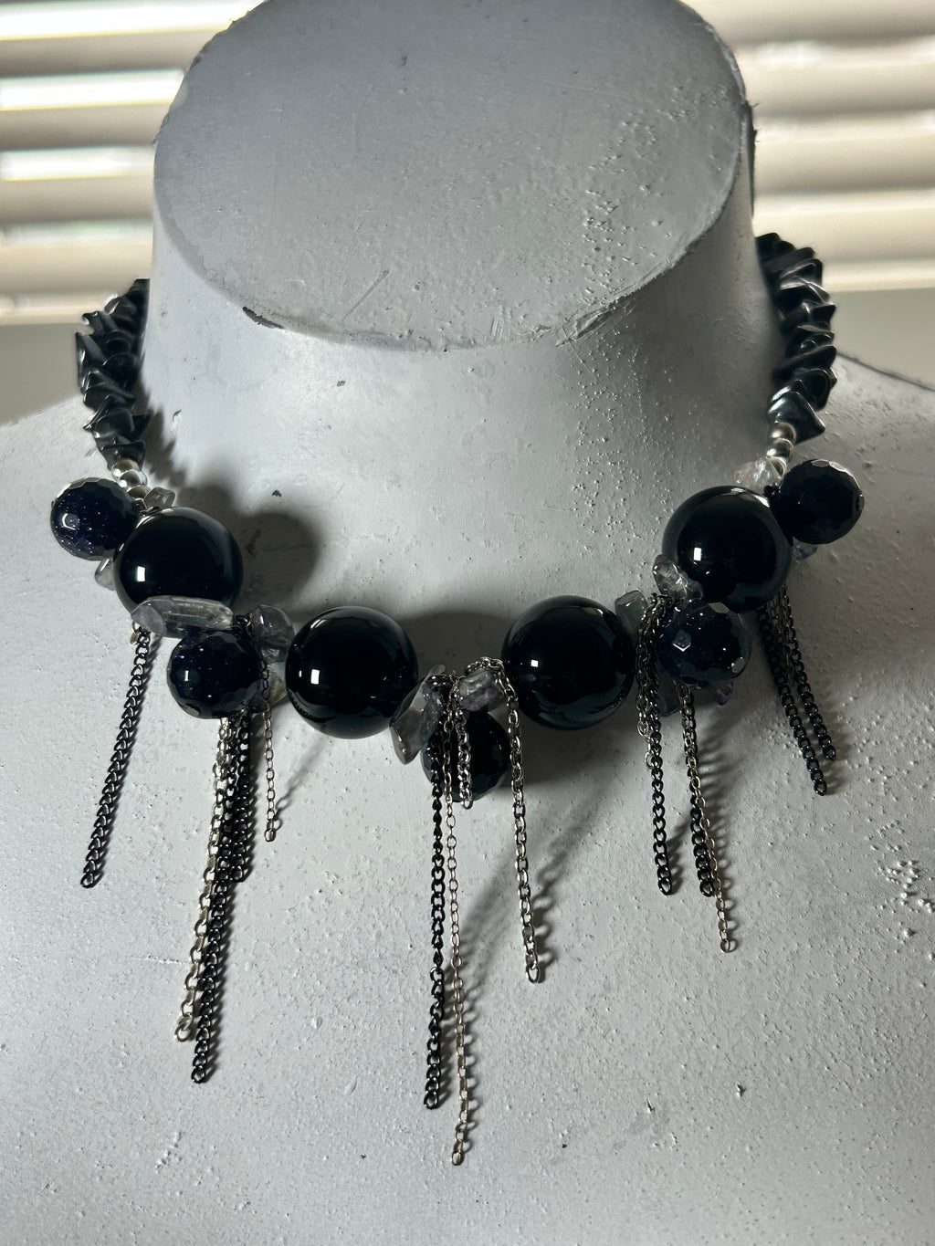 Onyx, Goldstone, Hematite, Quartz & Chain detail Necklace
