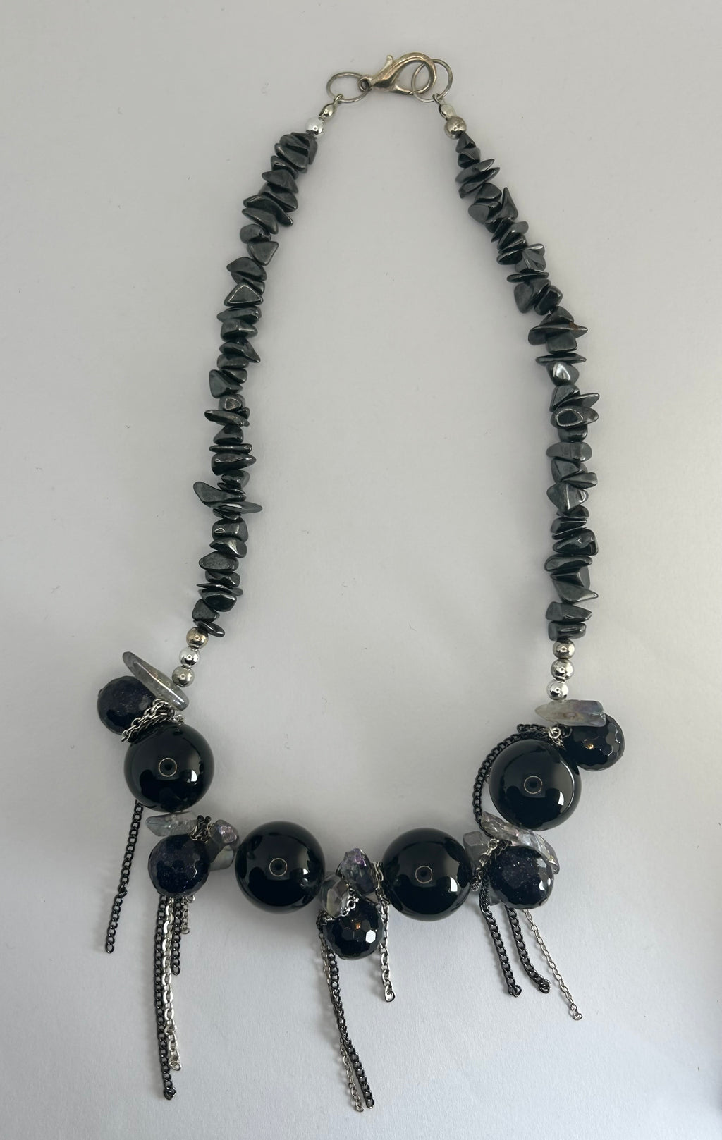 Onyx, Goldstone, Hematite, Quartz & Chain detail Necklace
