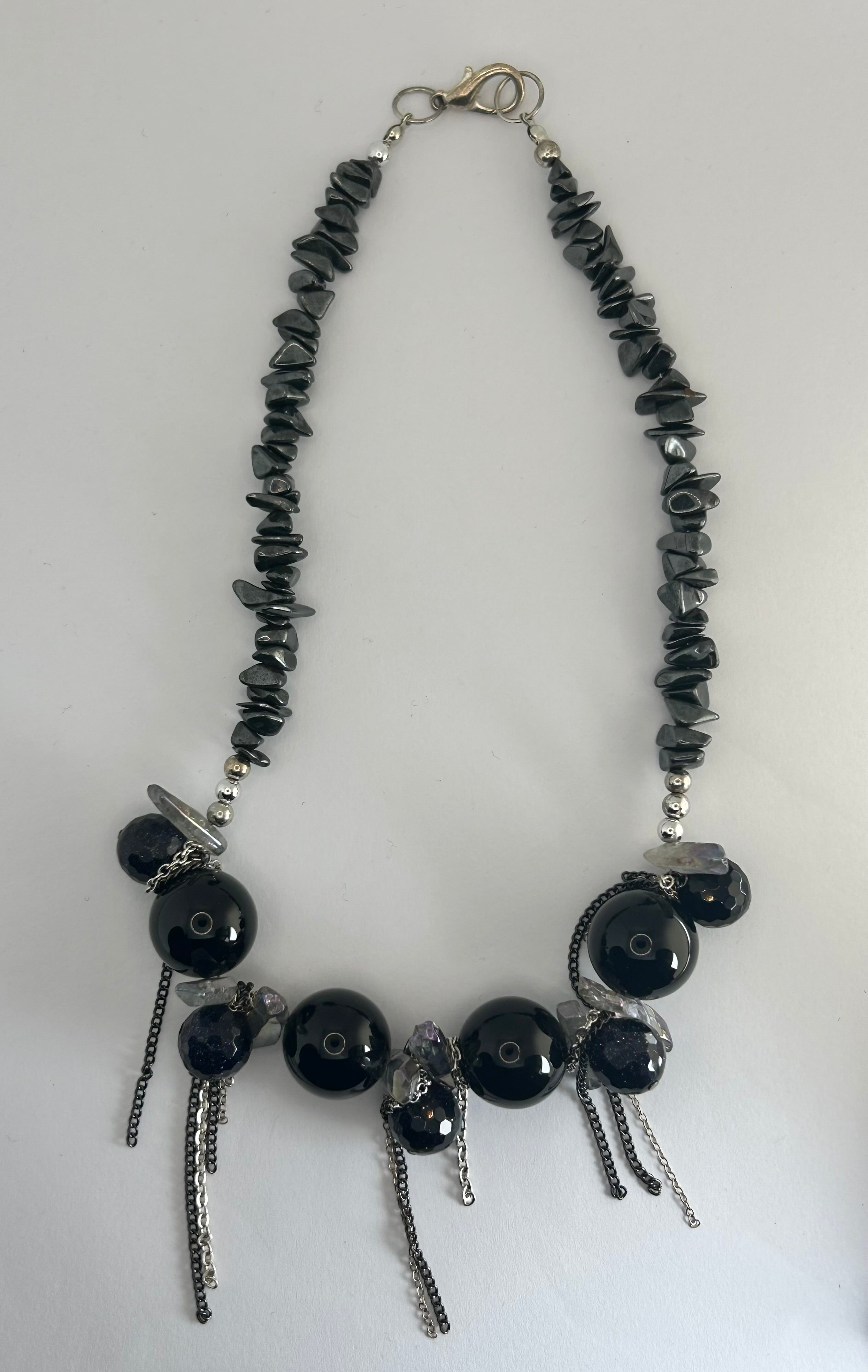Onyx, Goldstone, Hematite, Quartz & Chain detail Necklace