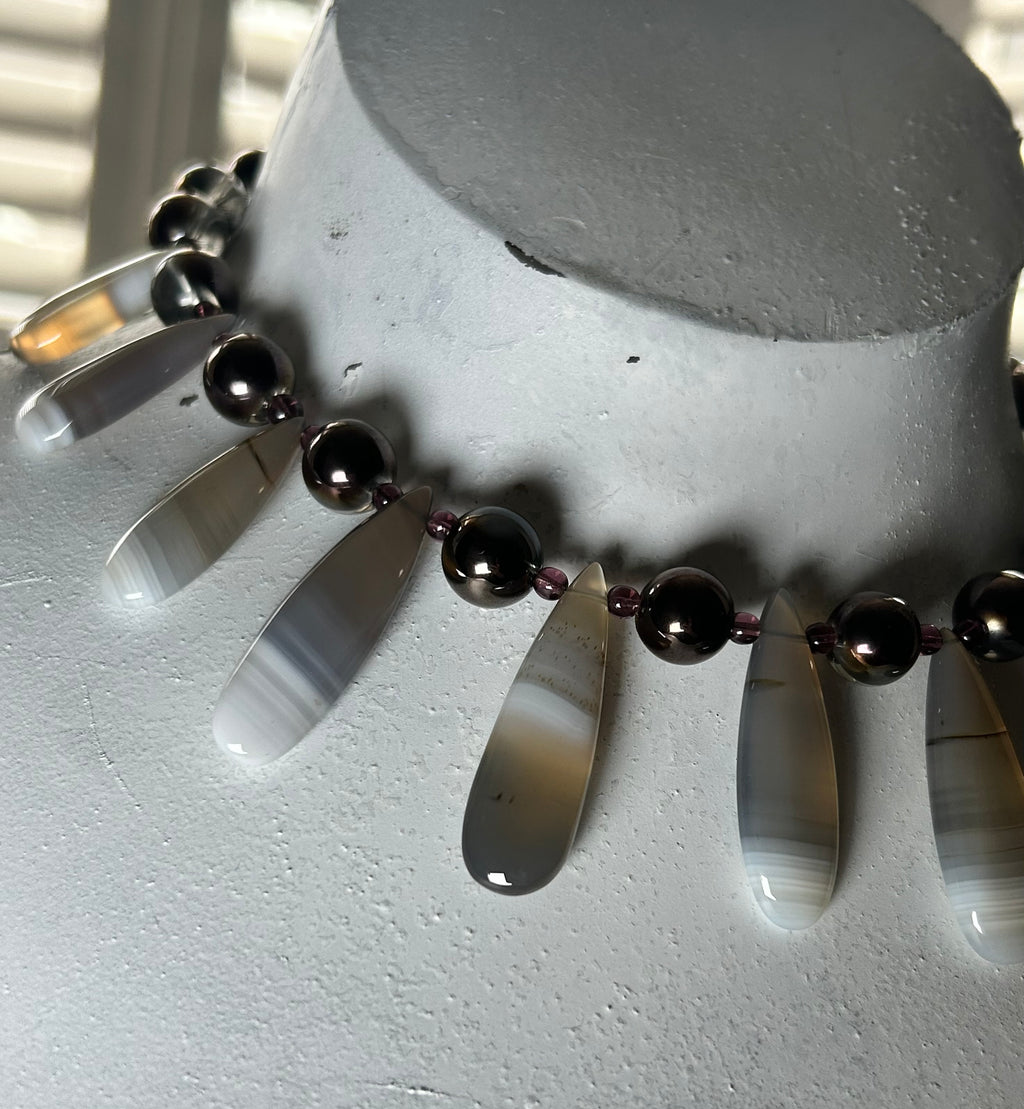Banded Agate, Rock Crystal & Amethyst Fan Necklace