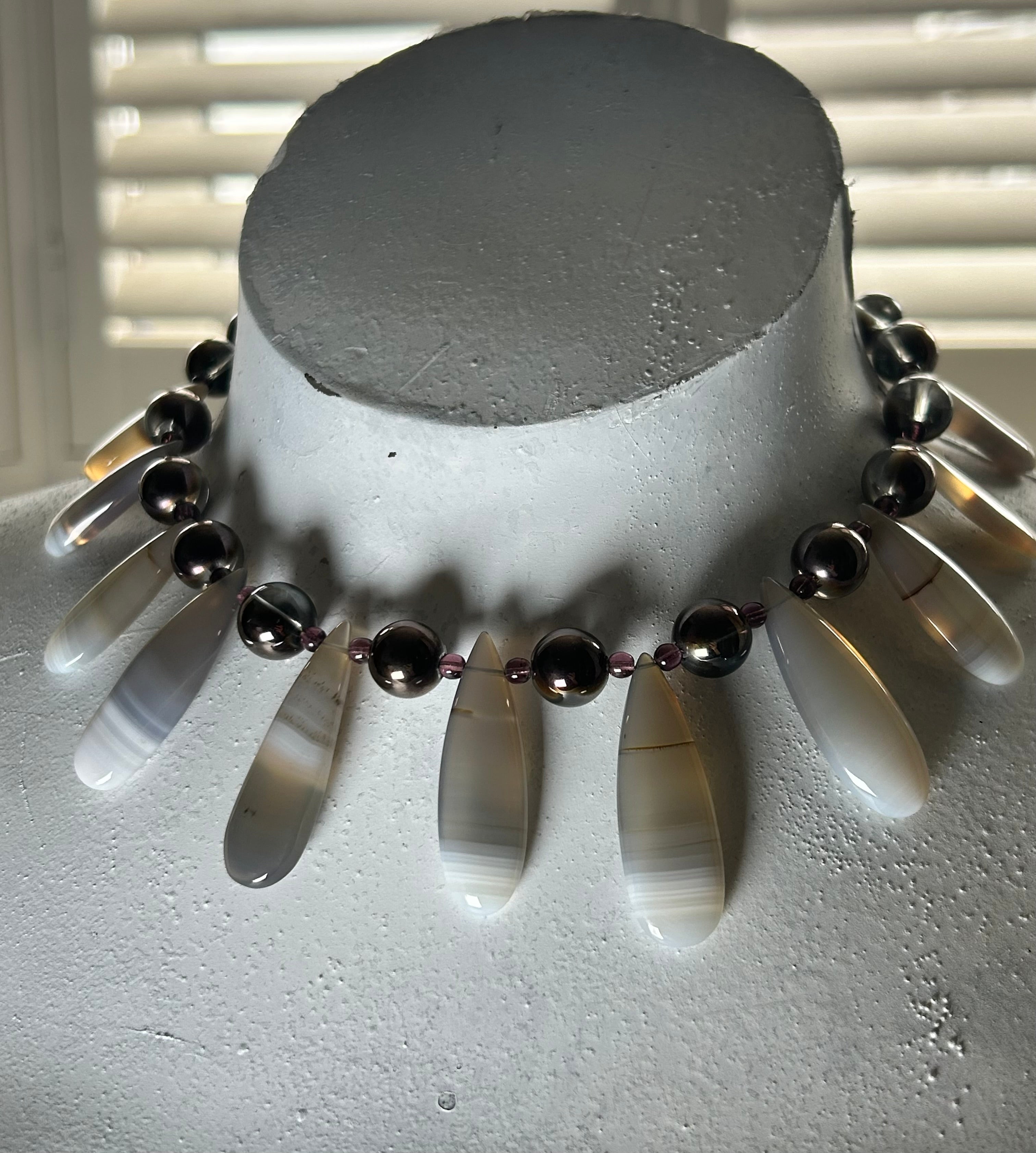 Banded Agate, Rock Crystal & Amethyst Fan Necklace