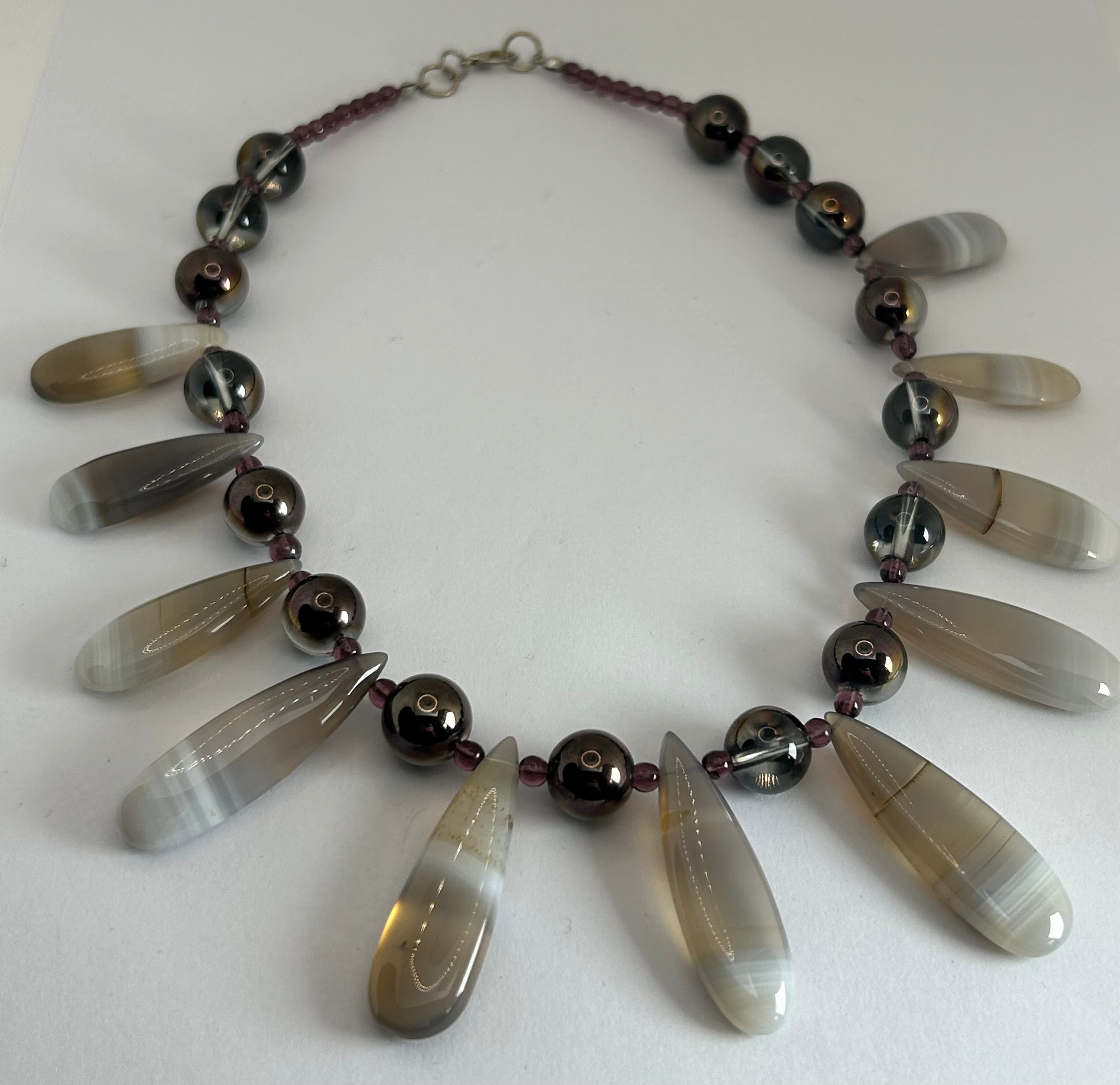 Banded Agate, Rock Crystal & Amethyst Fan Necklace