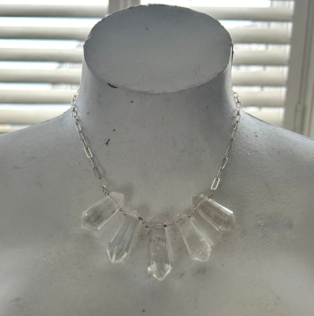 Large Clear Quartz Fan Necklace on Sterling Silver