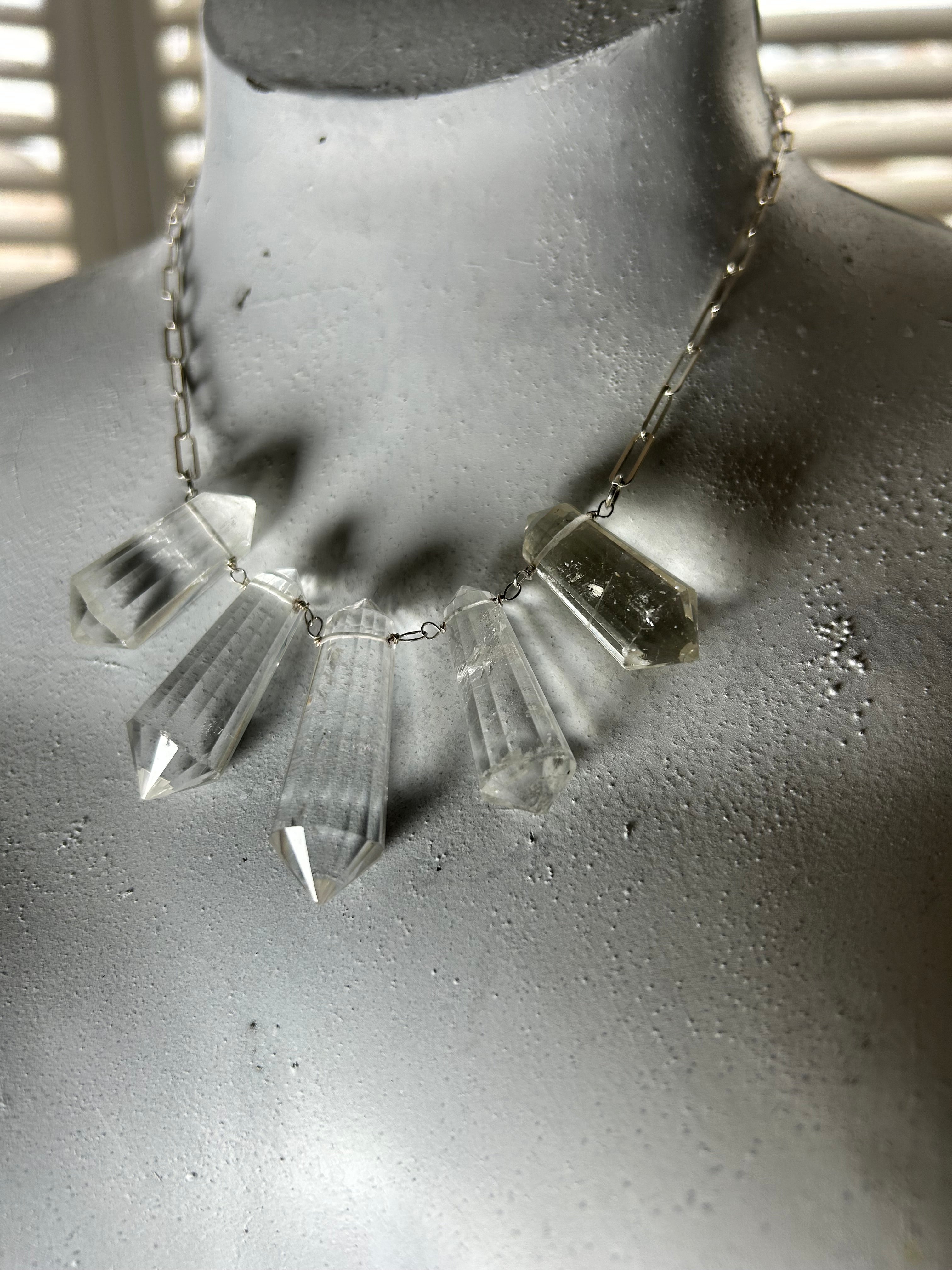 Large Clear Quartz Fan Necklace on Sterling Silver