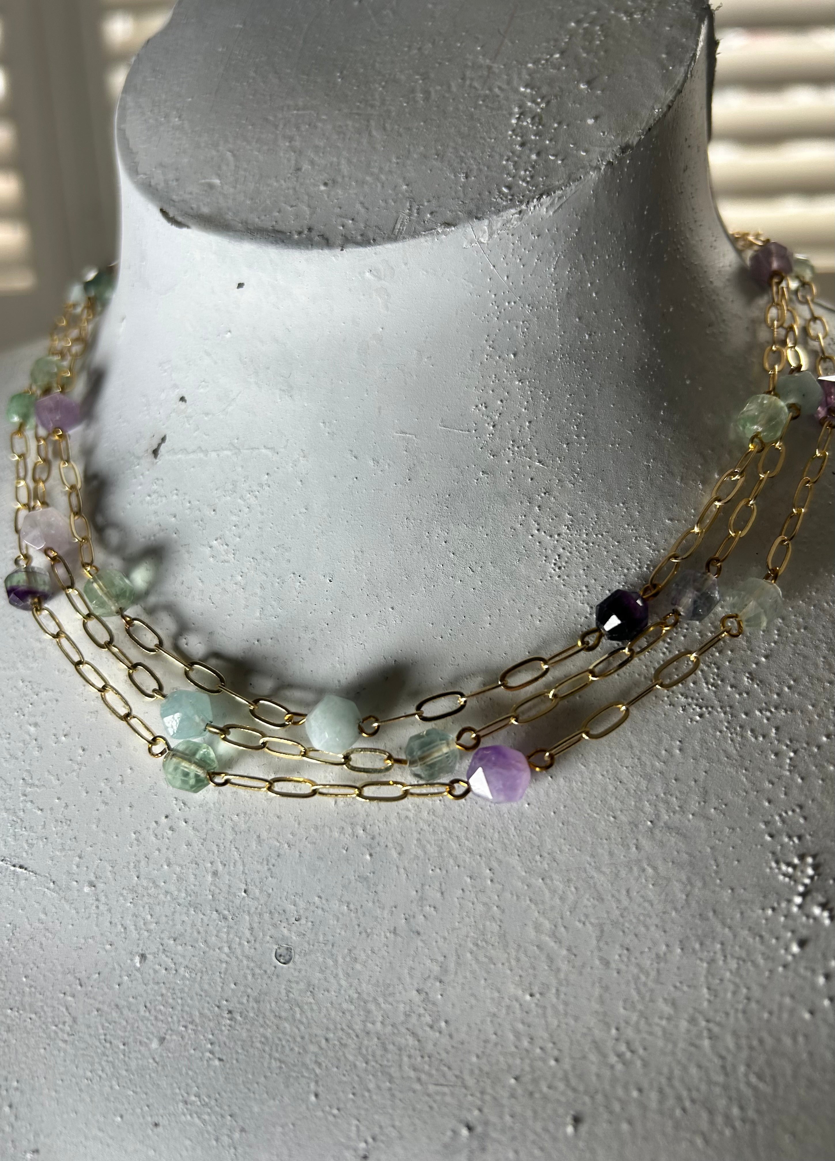 Aquamarine, Fluorite &  Amethyst Multi Strand Necklace on Gold Plate