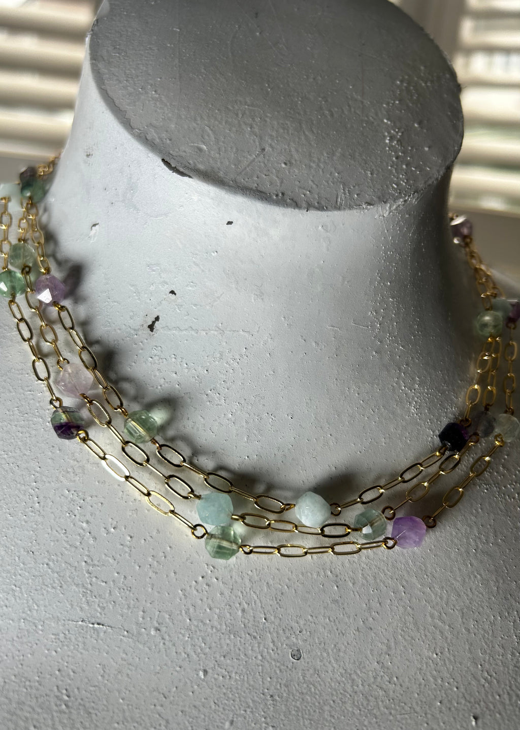 Aquamarine, Fluorite &  Amethyst Multi Strand Necklace on Gold Plate
