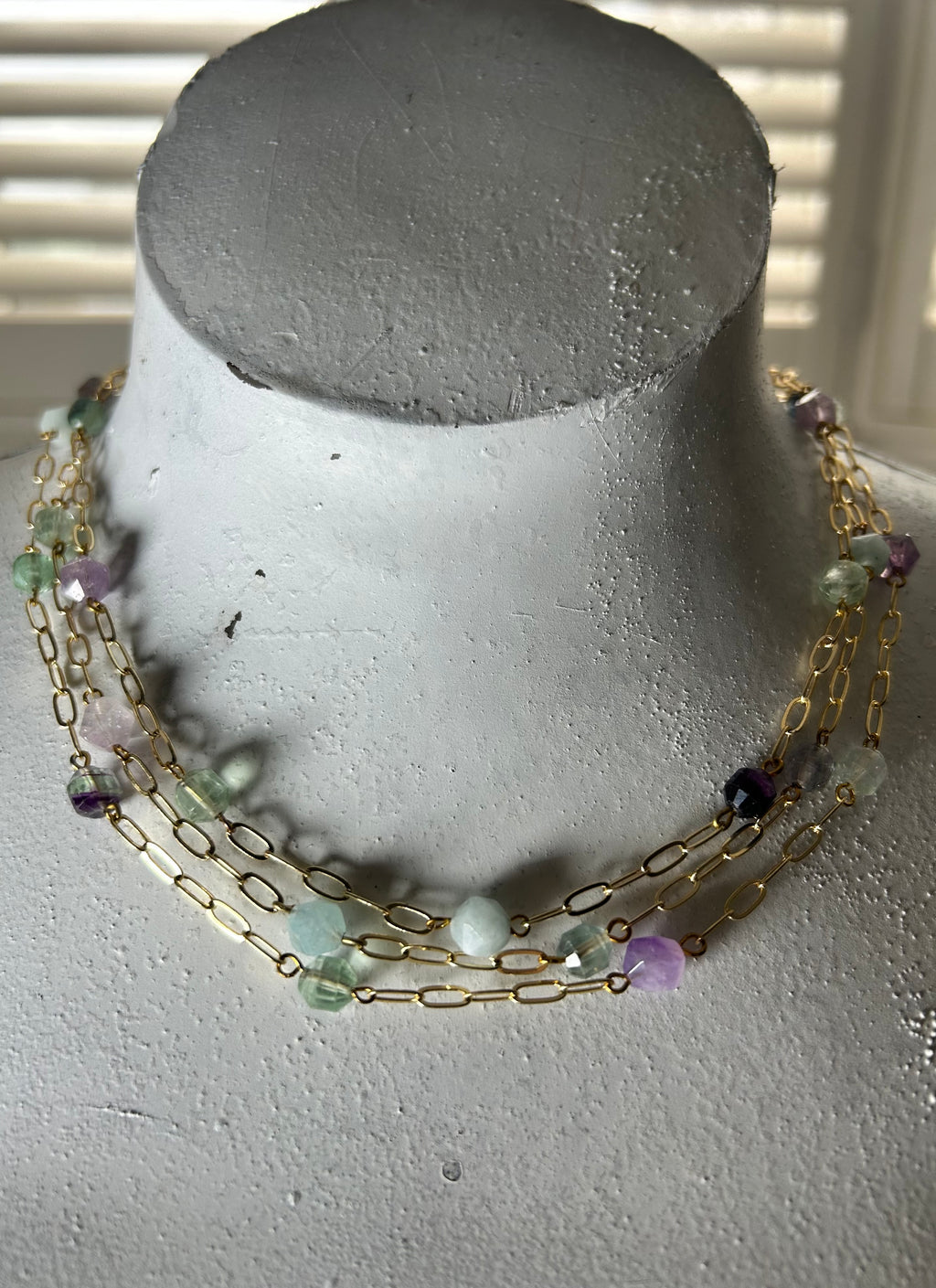 Aquamarine, Fluorite &  Amethyst Multi Strand Necklace on Gold Plate