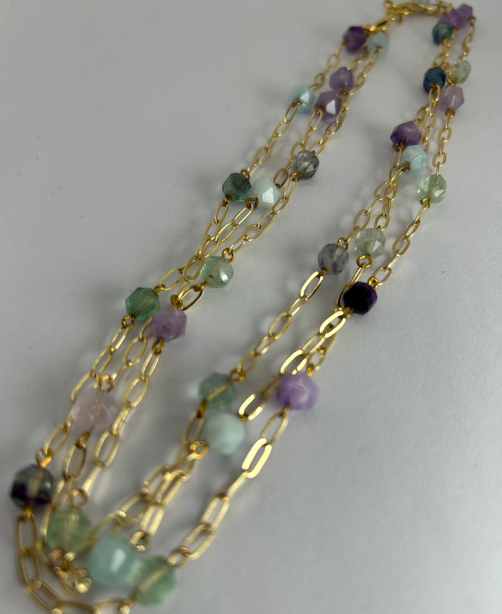Aquamarine, Fluorite &  Amethyst Multi Strand Necklace on Gold Plate
