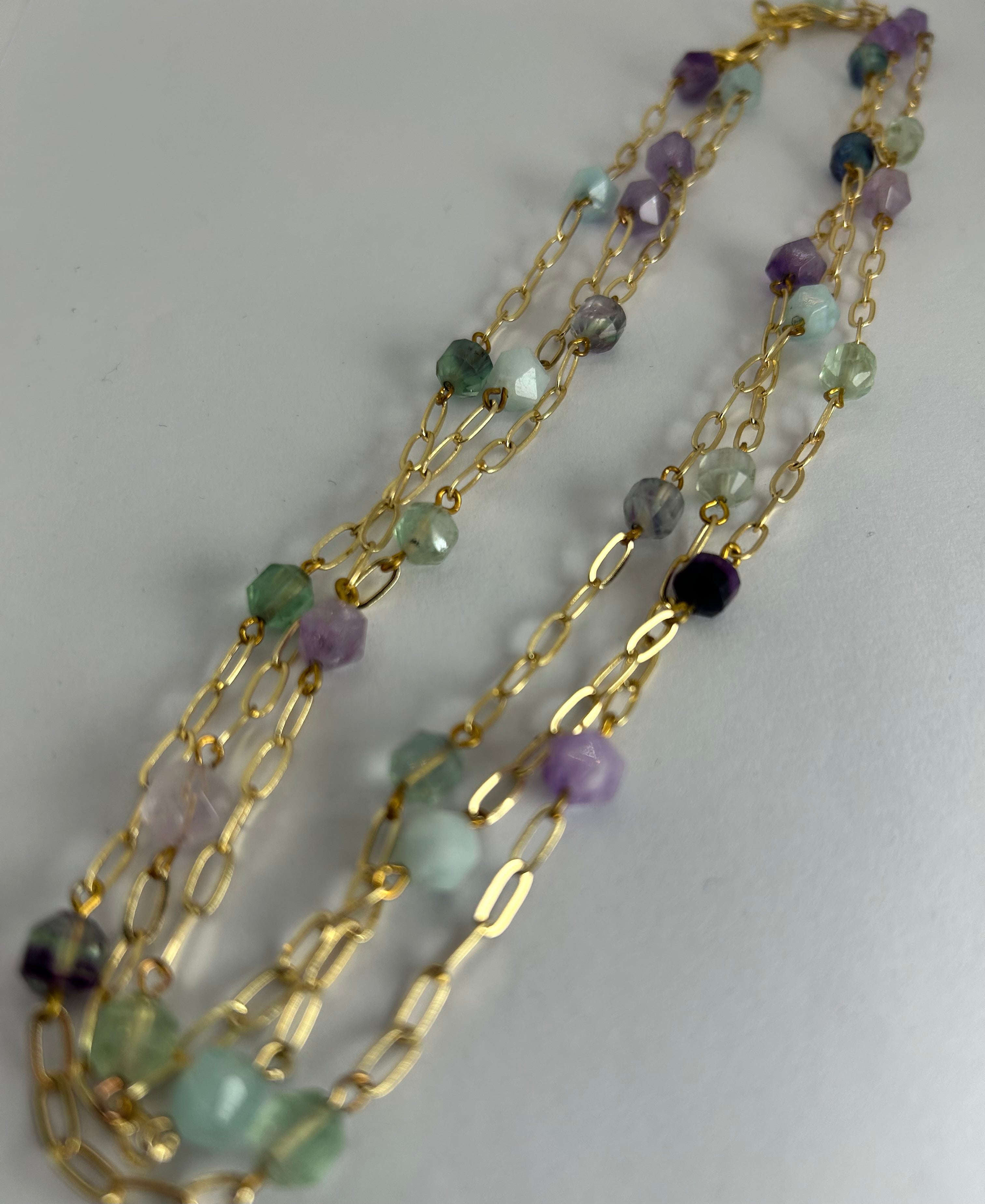 Aquamarine, Fluorite &  Amethyst Multi Strand Necklace on Gold Plate