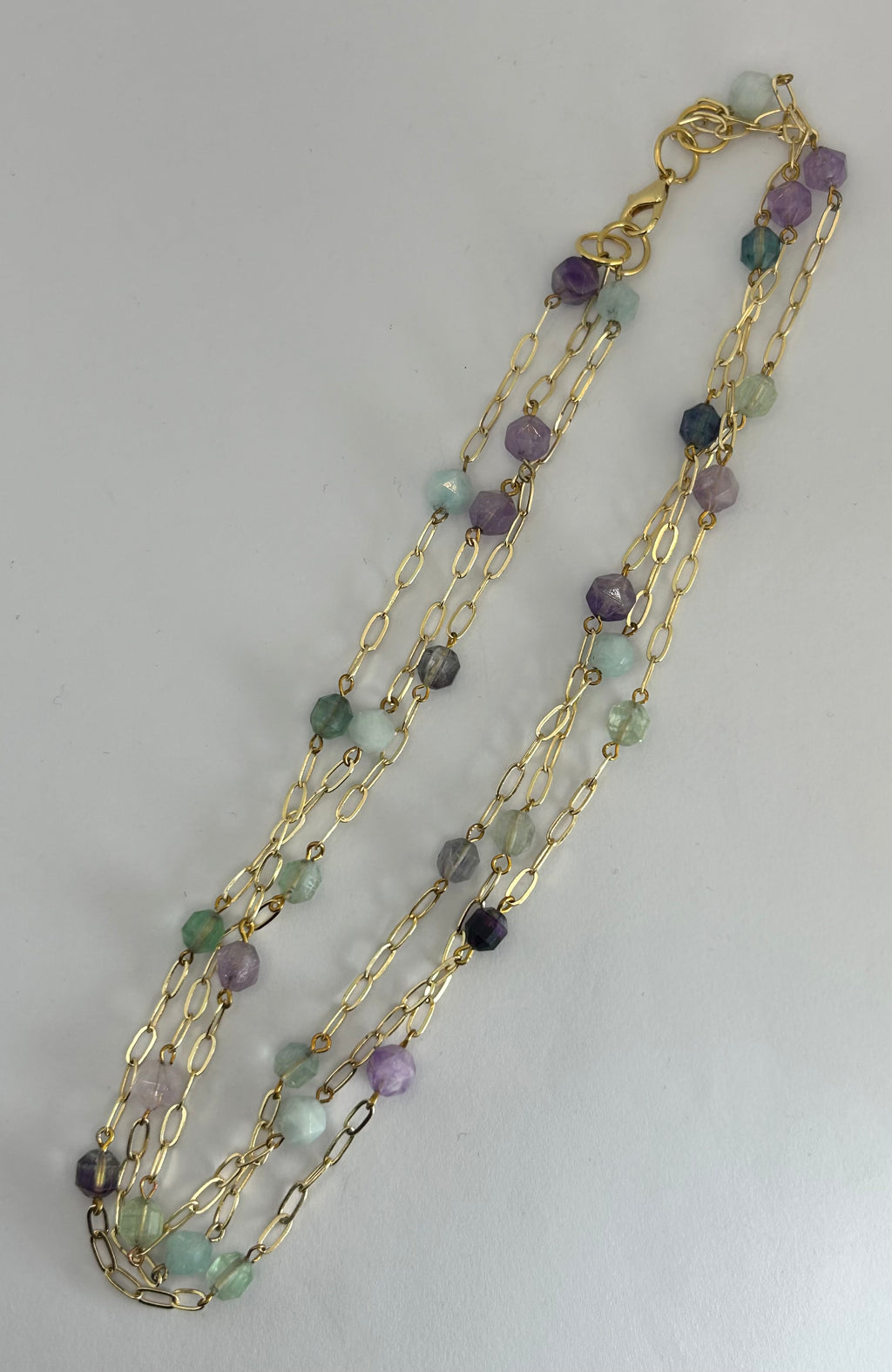 Aquamarine, Fluorite &  Amethyst Multi Strand Necklace on Gold Plate