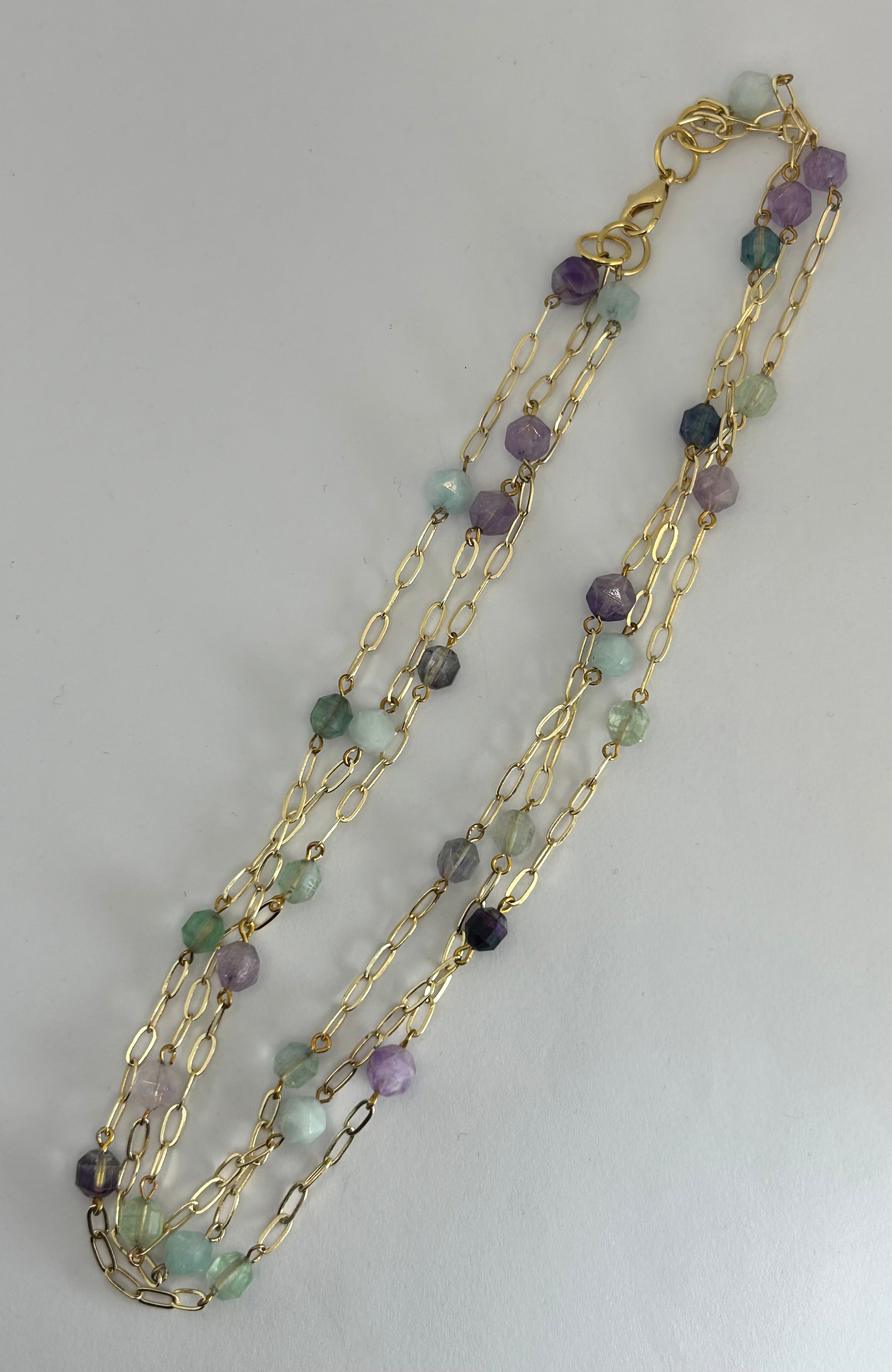Aquamarine, Fluorite &  Amethyst Multi Strand Necklace on Gold Plate