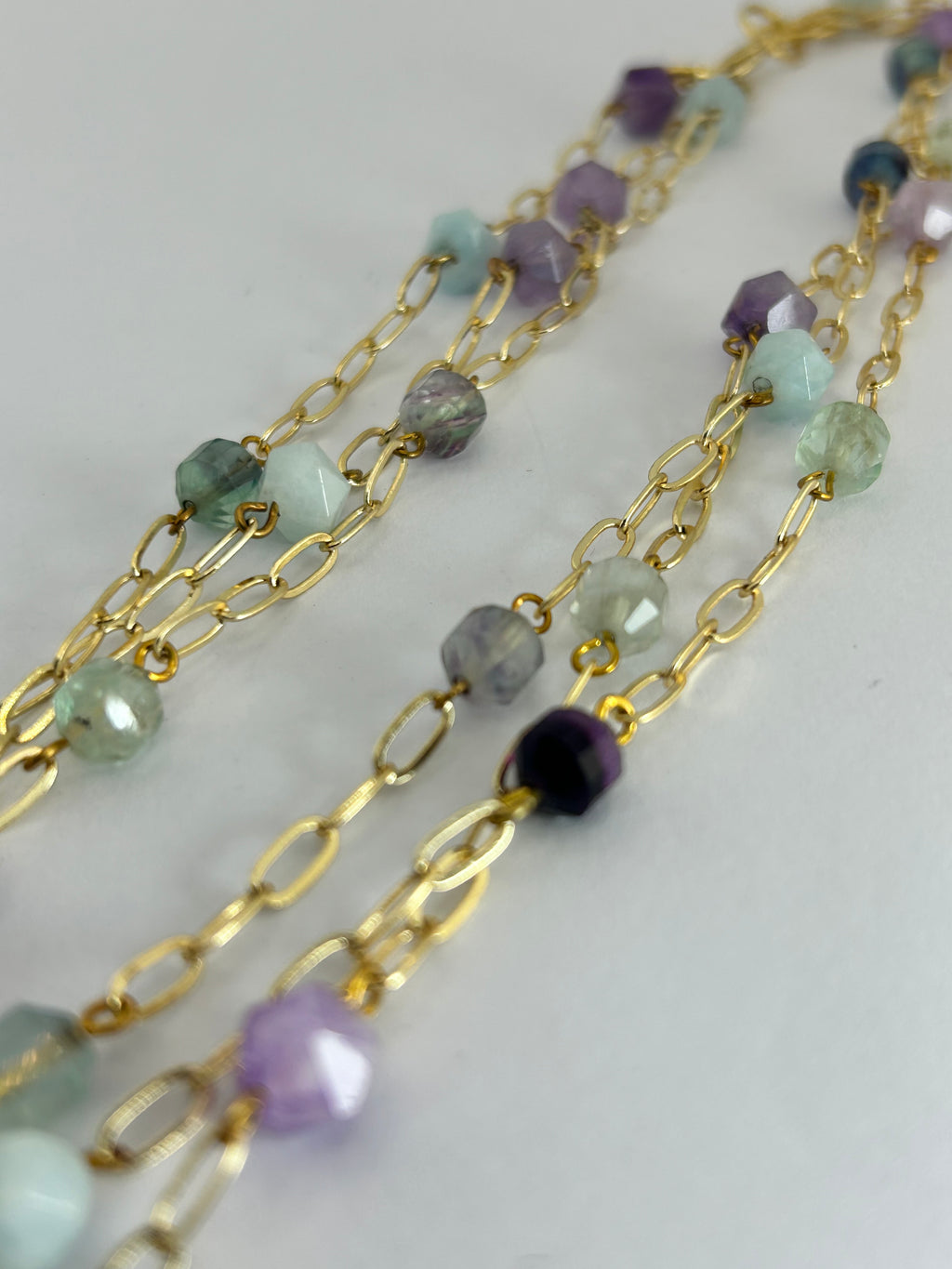 Aquamarine, Fluorite &  Amethyst Multi Strand Necklace on Gold Plate