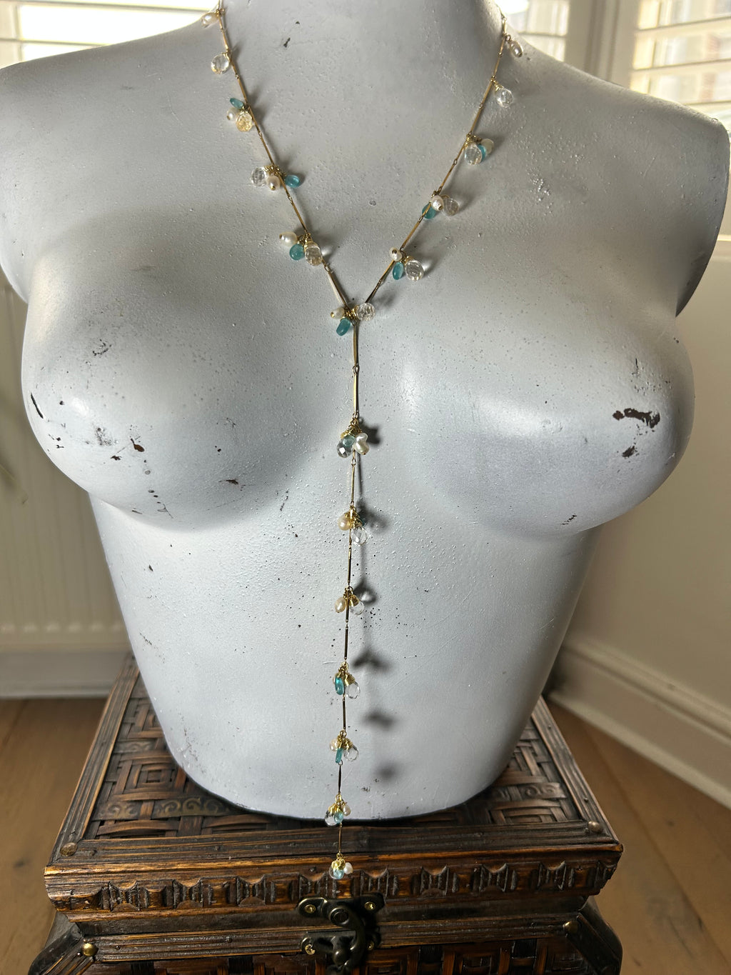 Pearl, Apatite & Clear Quartz Lariat Necklace