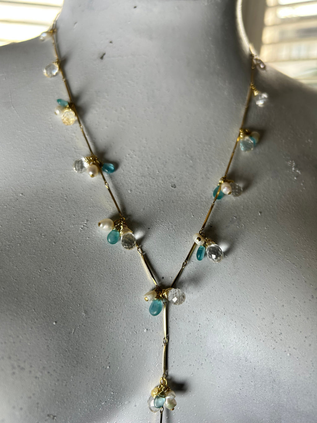 Pearl, Apatite & Clear Quartz Lariat Necklace