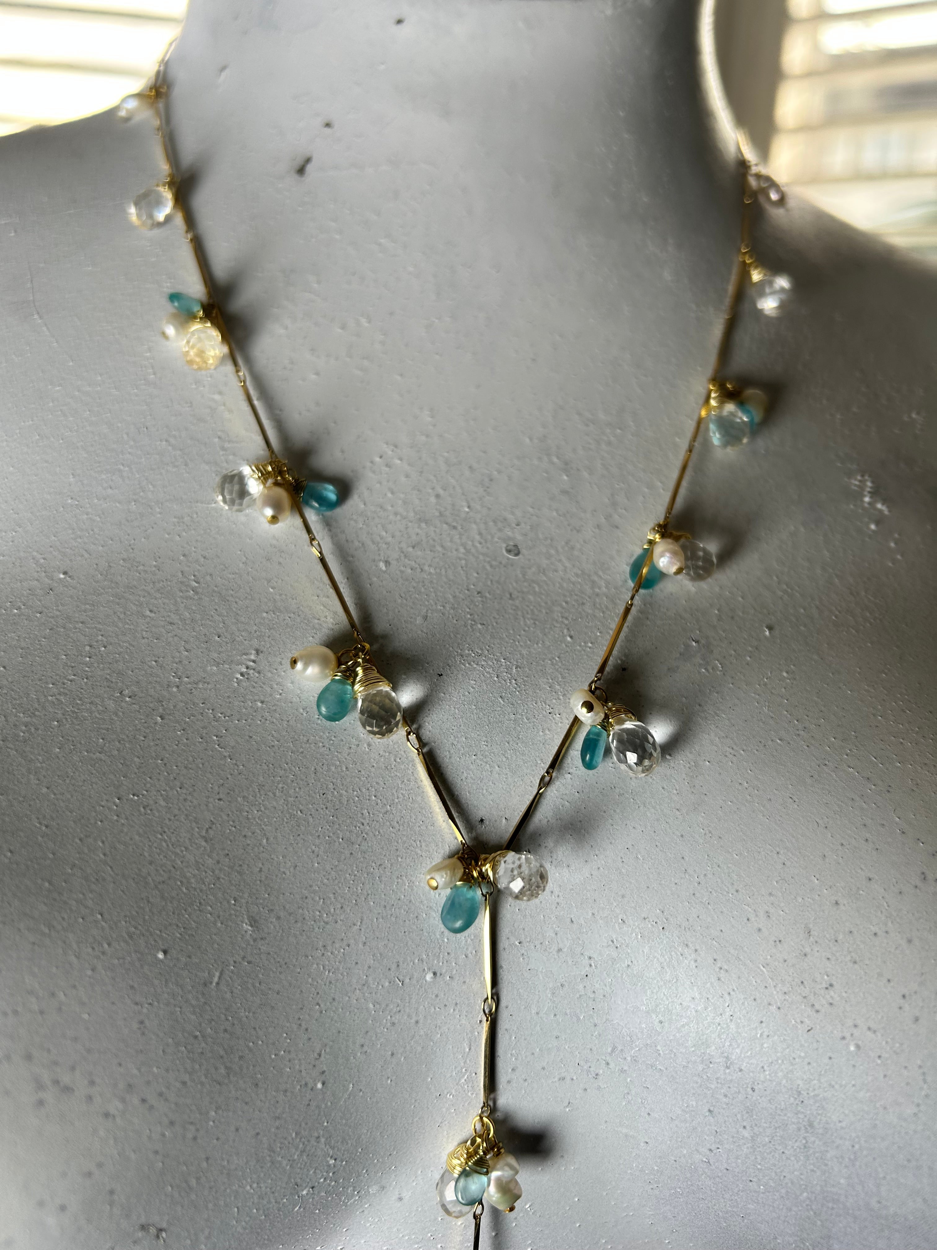 Pearl, Apatite & Clear Quartz Lariat Necklace
