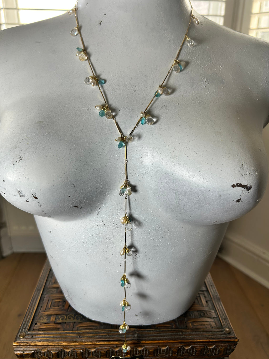 Pearl, Apatite & Clear Quartz Lariat Necklace