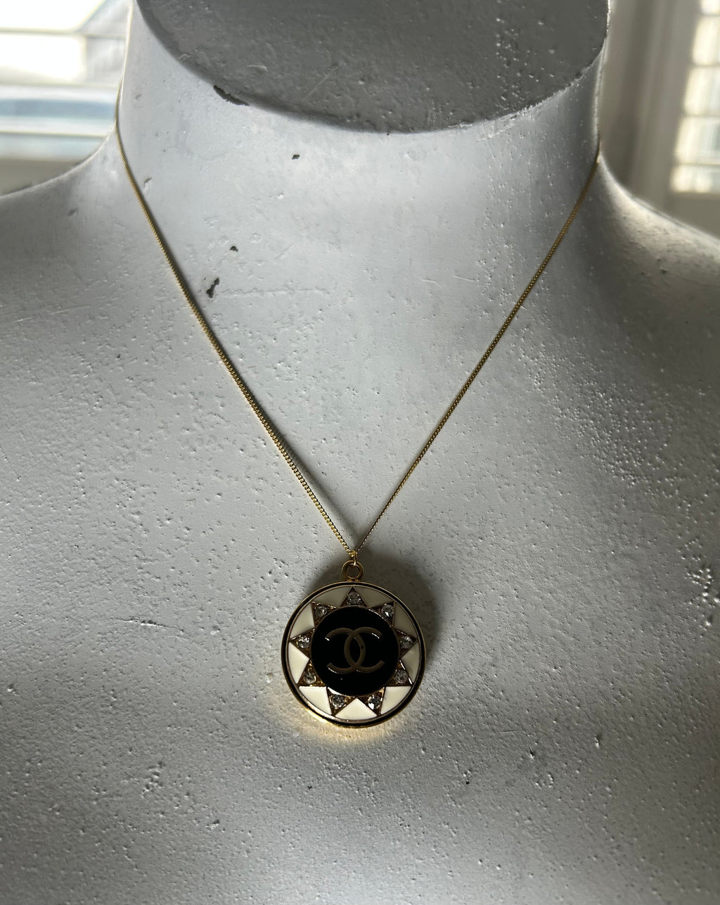 Vintage White Diamante Chanel Button on 14ct Gold Filled Necklace