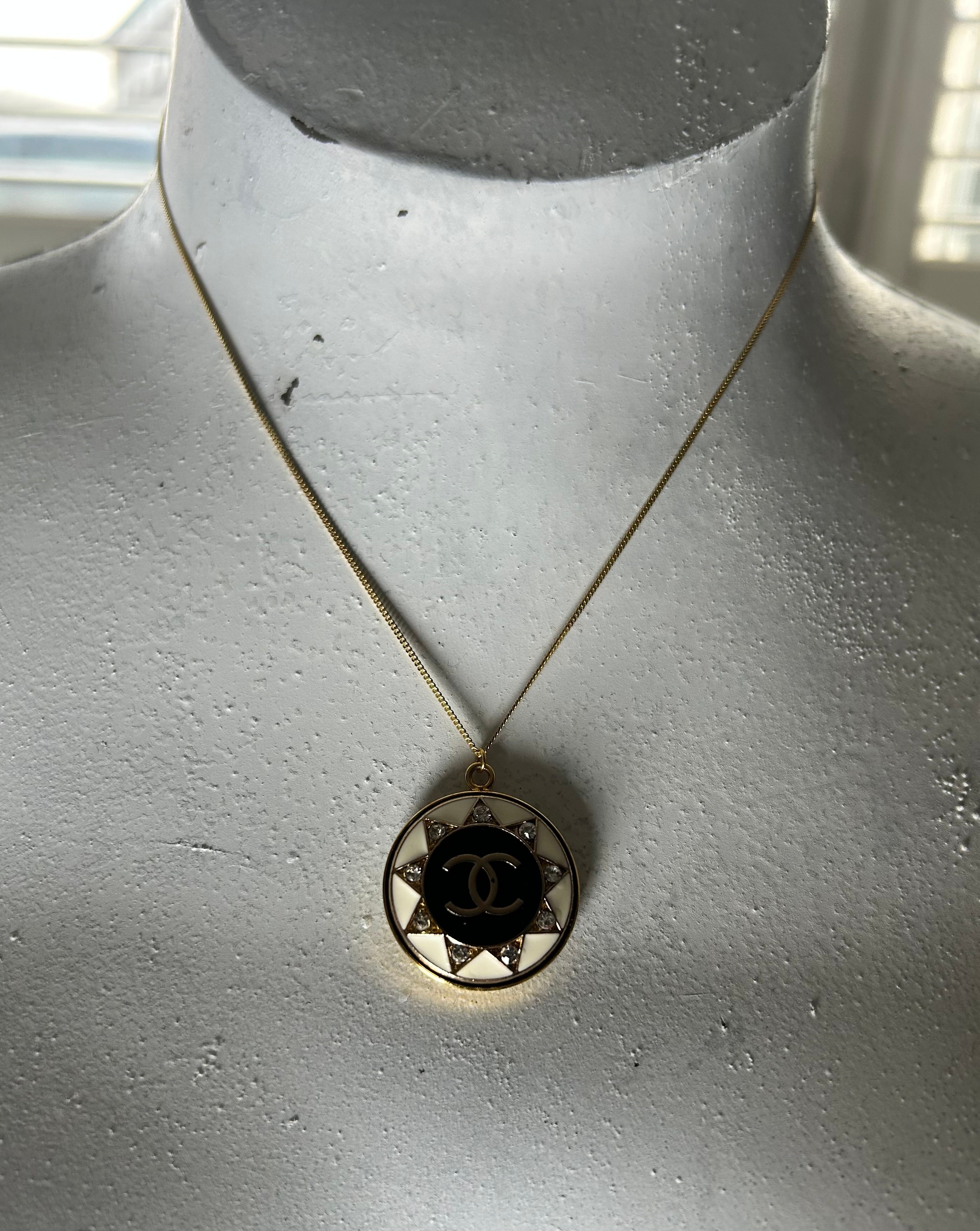 Vintage White Diamante Chanel Button on 14ct Gold Filled Necklace