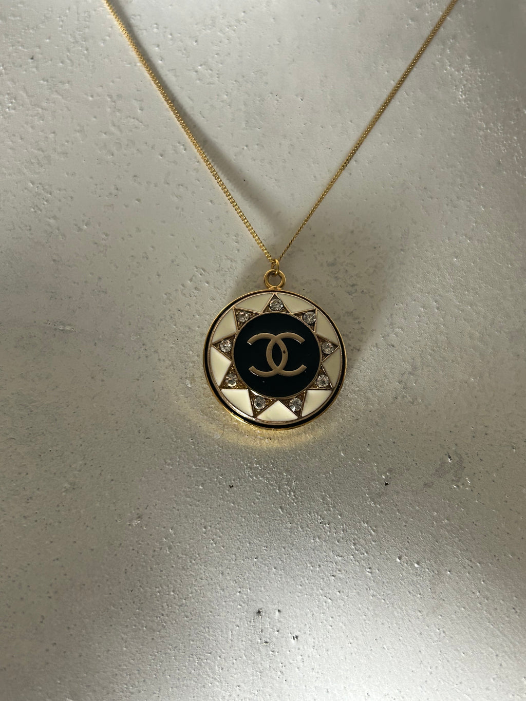 Vintage White Diamante Chanel Button on 14ct Gold Filled Necklace