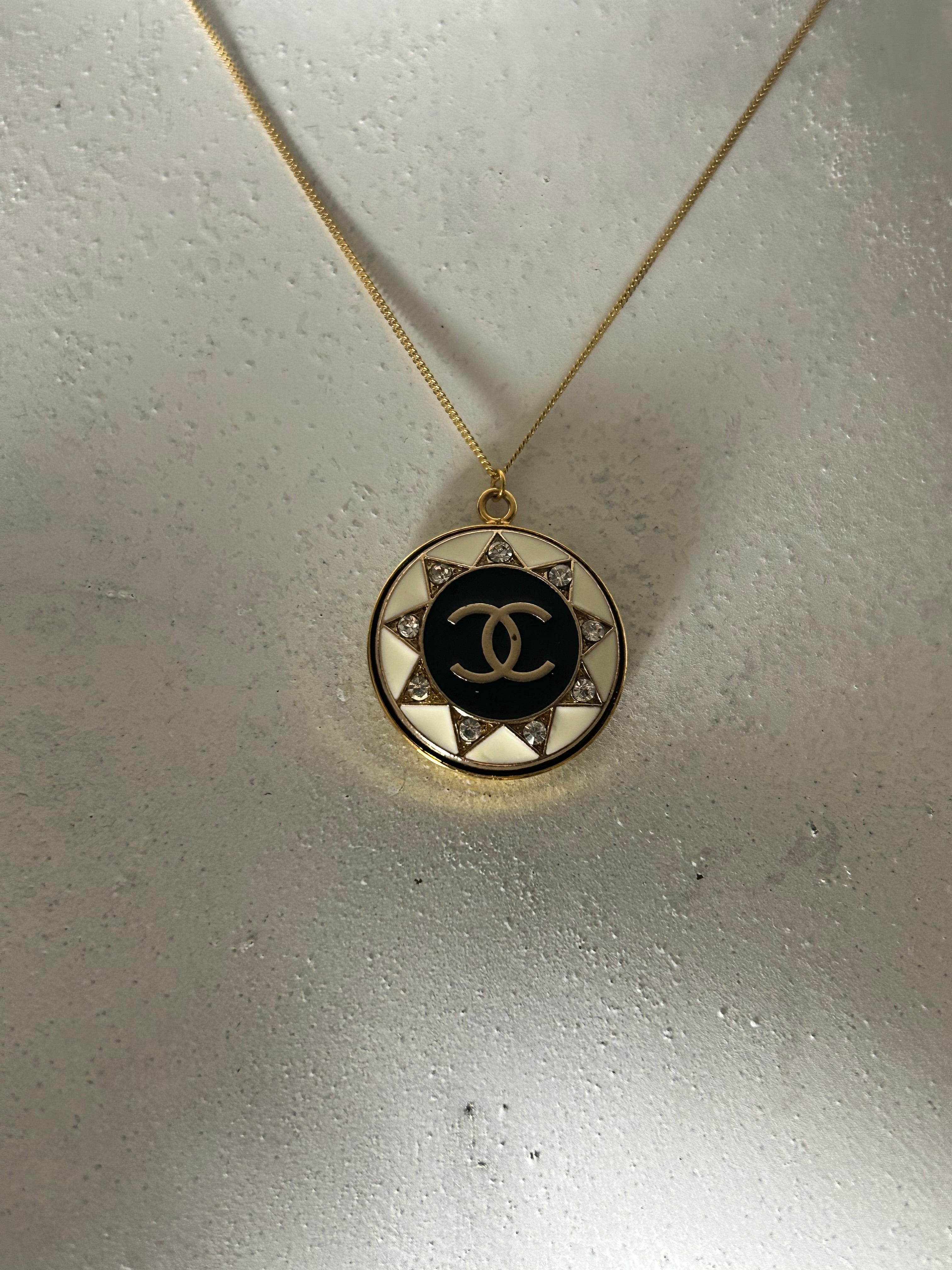Vintage White Diamante Chanel Button on 14ct Gold Filled Necklace