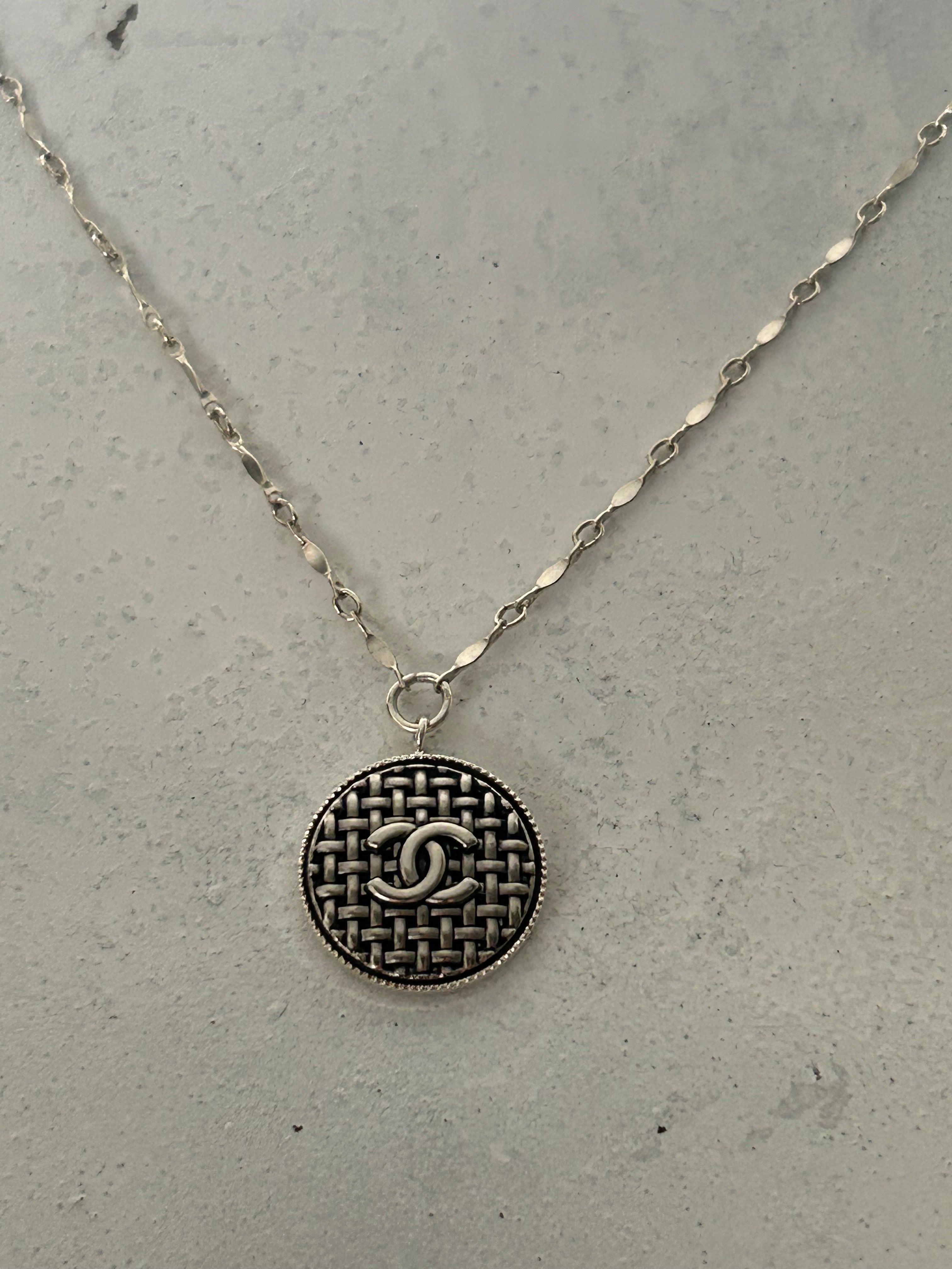 Vintage Chanel Button on Sterling Silver Chain Necklace