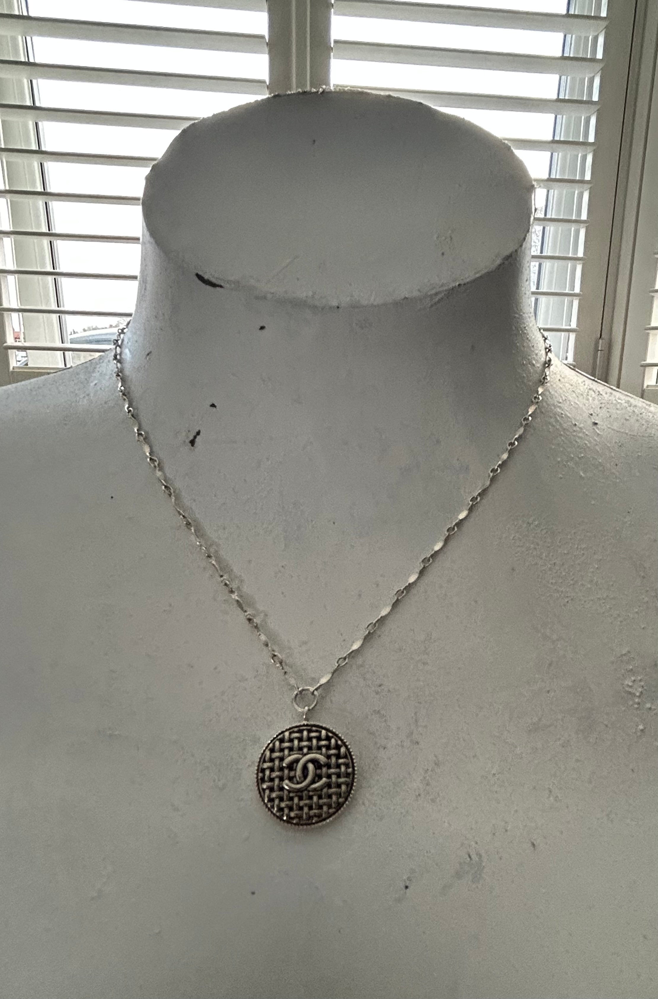 Vintage Chanel Button on Sterling Silver Chain Necklace