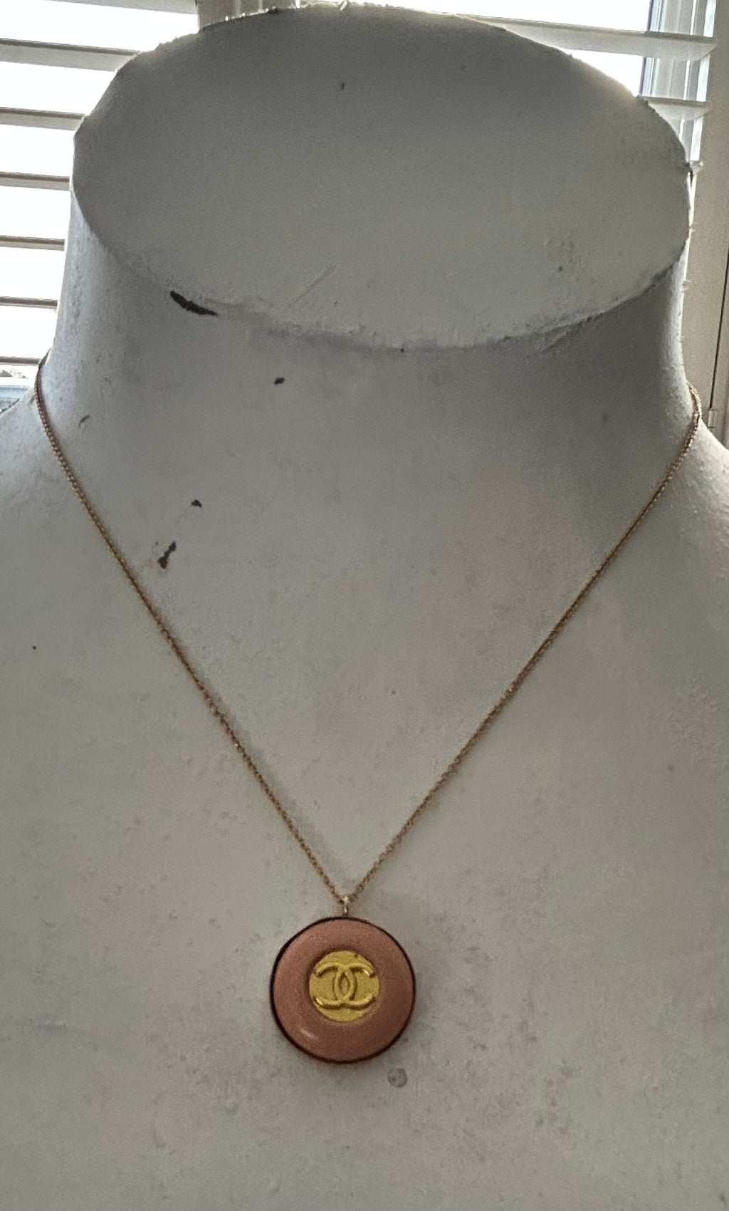 Vintage Pink Chanel Button 14ct Gold Filled Necklace