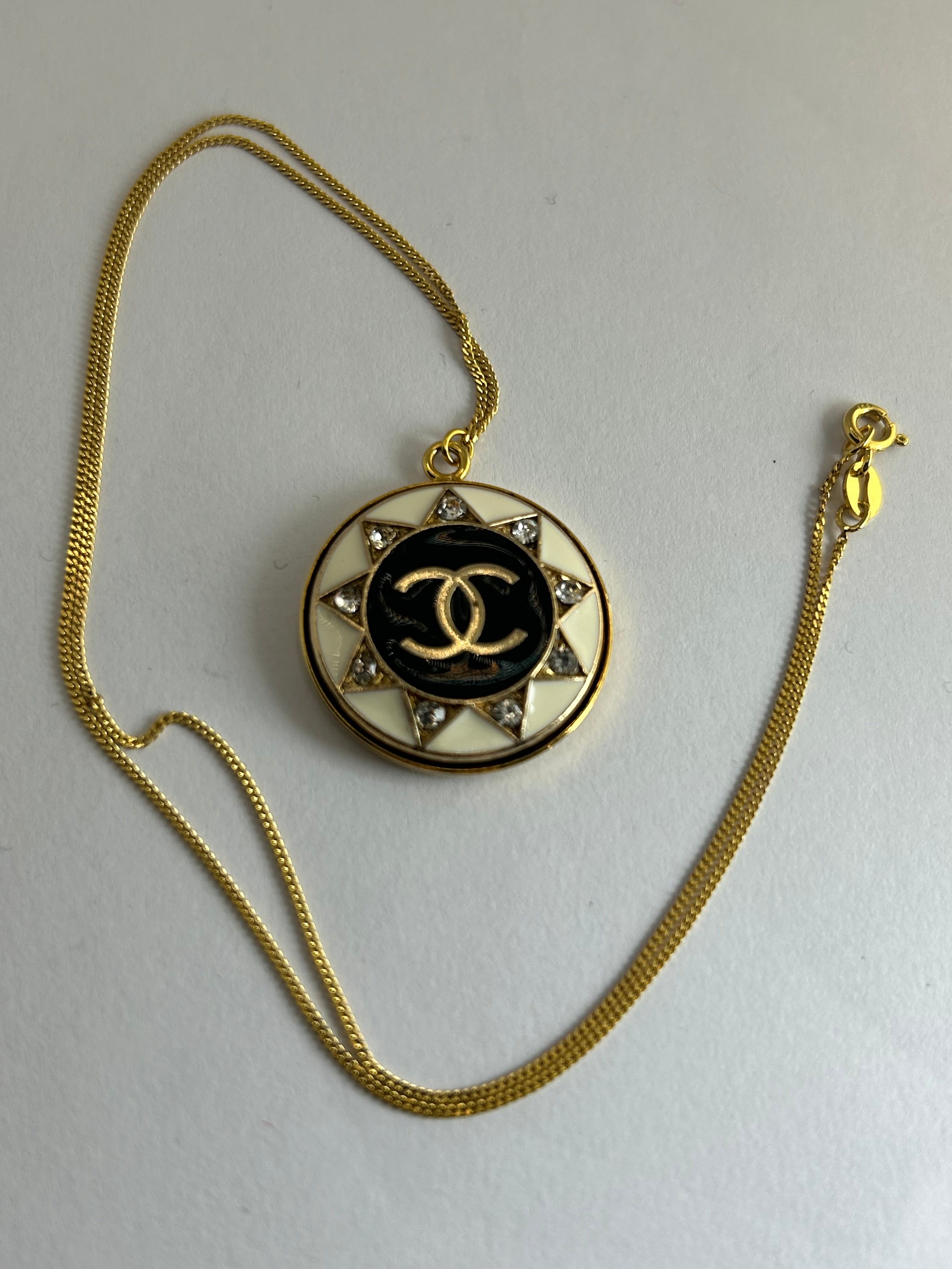 Vintage White Diamante Chanel Button on 14ct Gold Filled Necklace