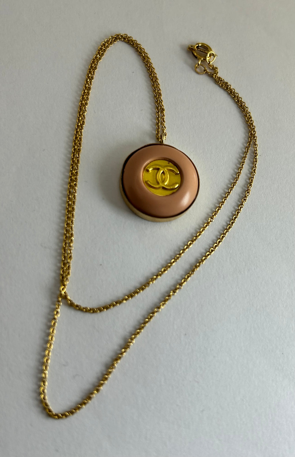 Vintage Pink Chanel Button 14ct Gold Filled Necklace