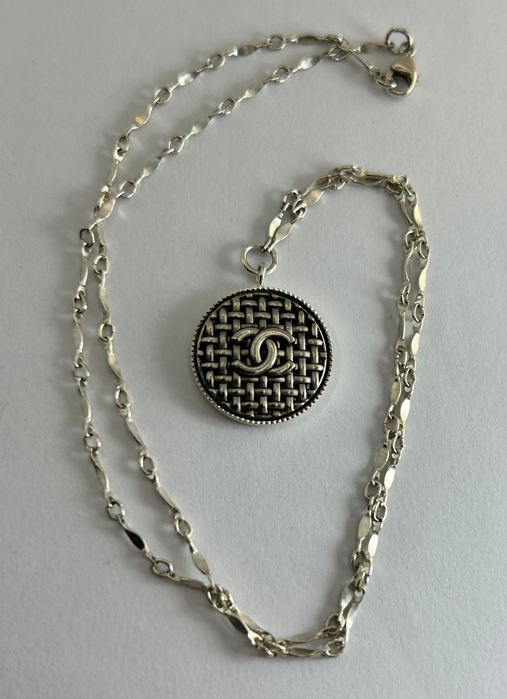 Vintage Chanel Button on Sterling Silver Chain Necklace