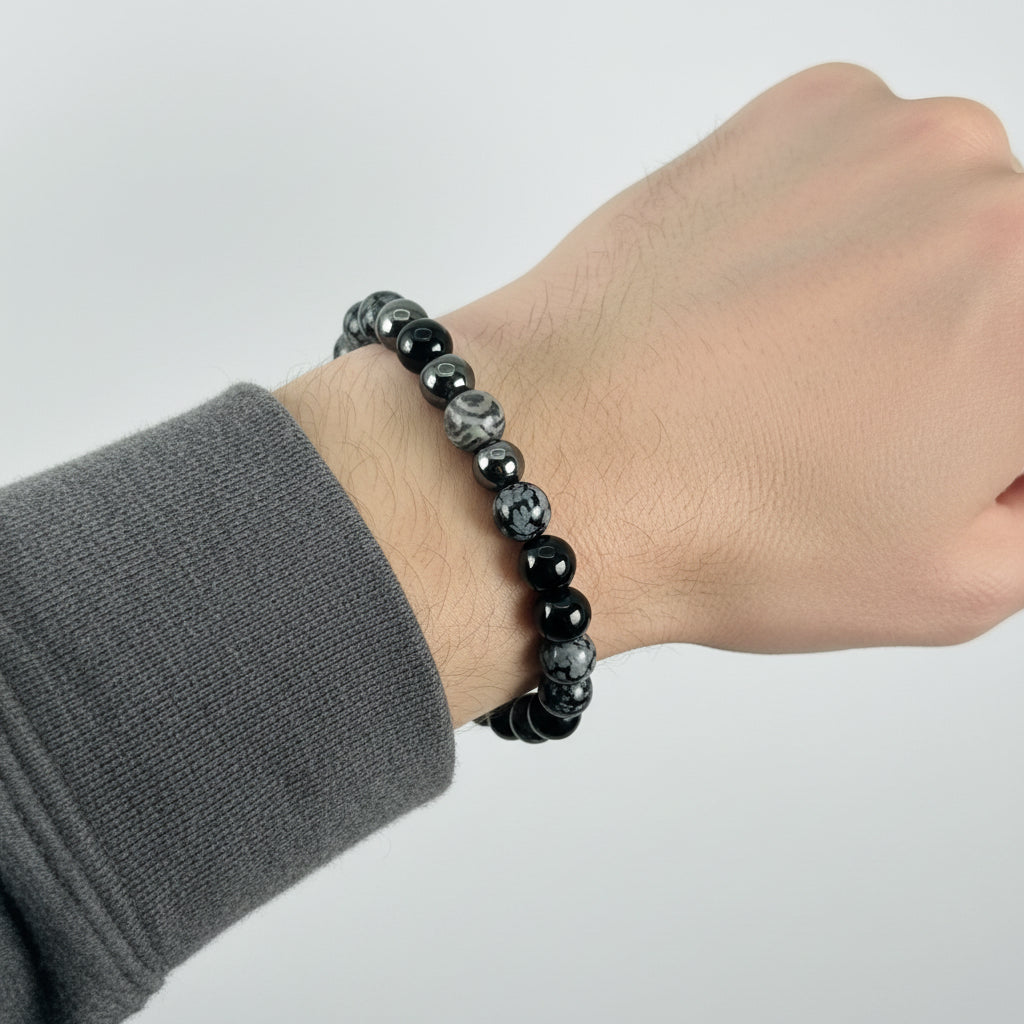 Snowflake Obsidian, Netstone, Hematite & Black Obsidian Bracelet