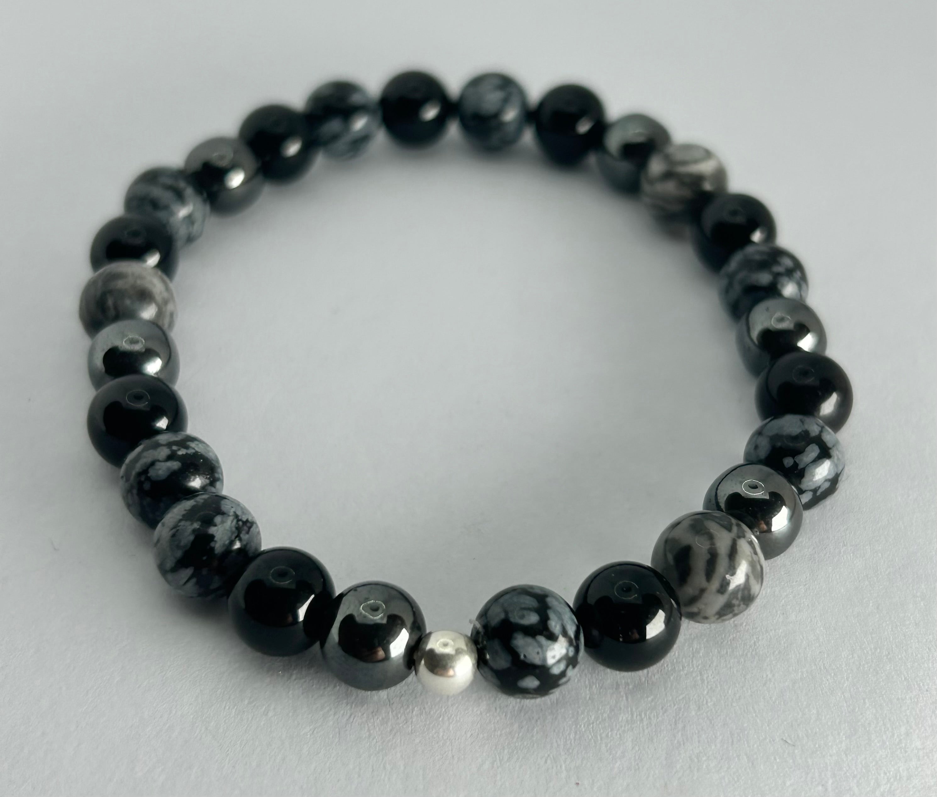 Snowflake Obsidian, Netstone, Hematite & Black Obsidian Bracelet