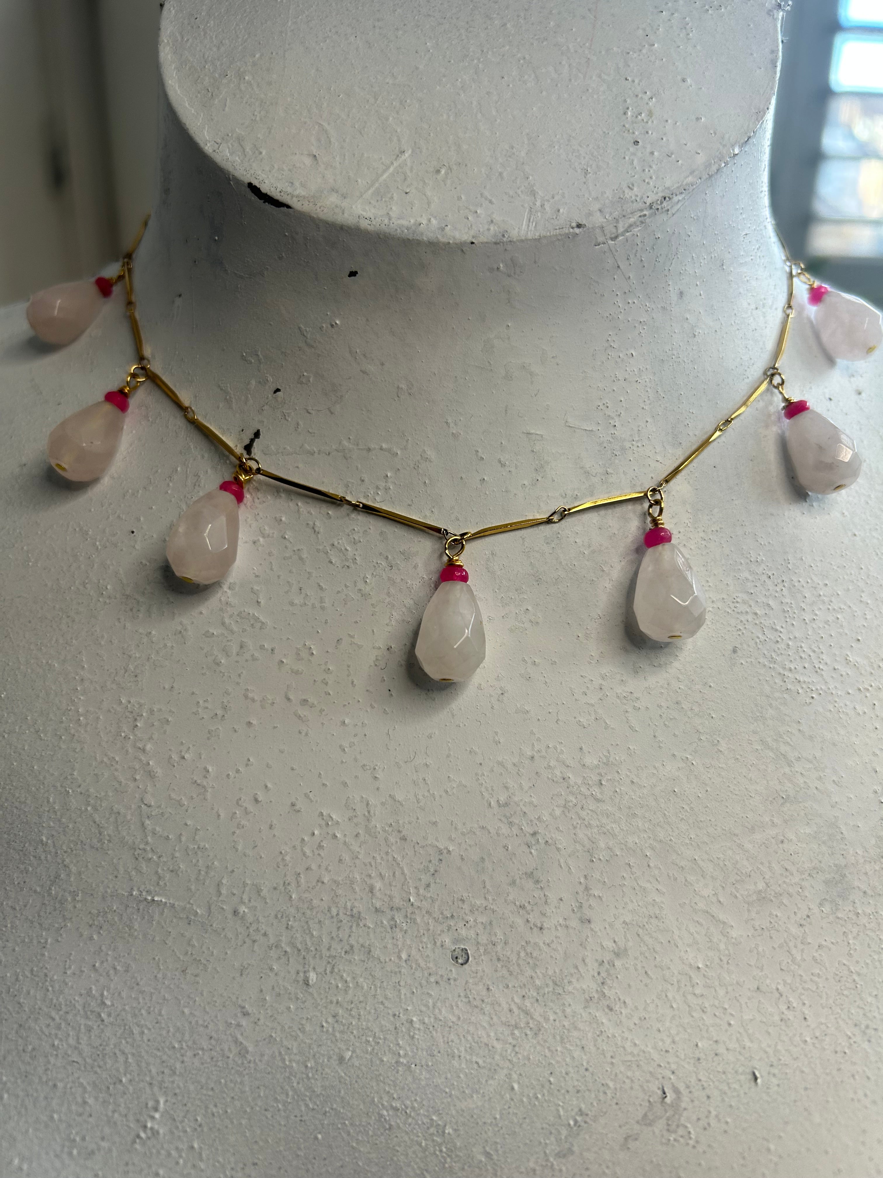 Rose Quartz Faceted Teardrop & Kyanite Necklace