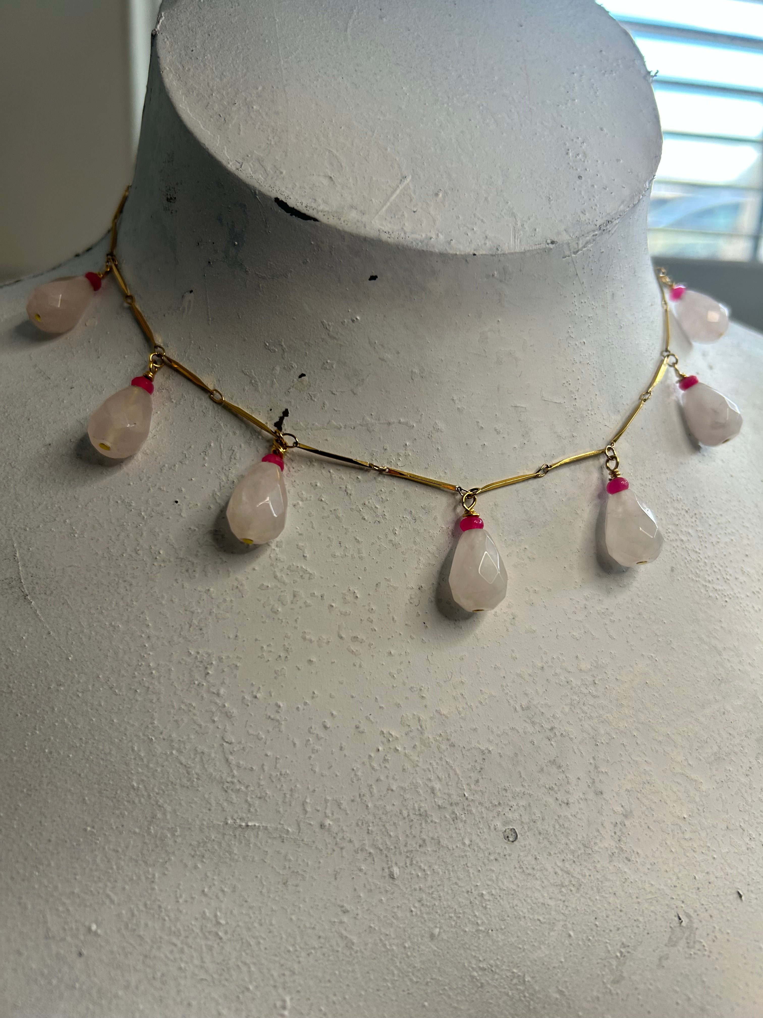Rose Quartz Faceted Teardrop & Kyanite Necklace