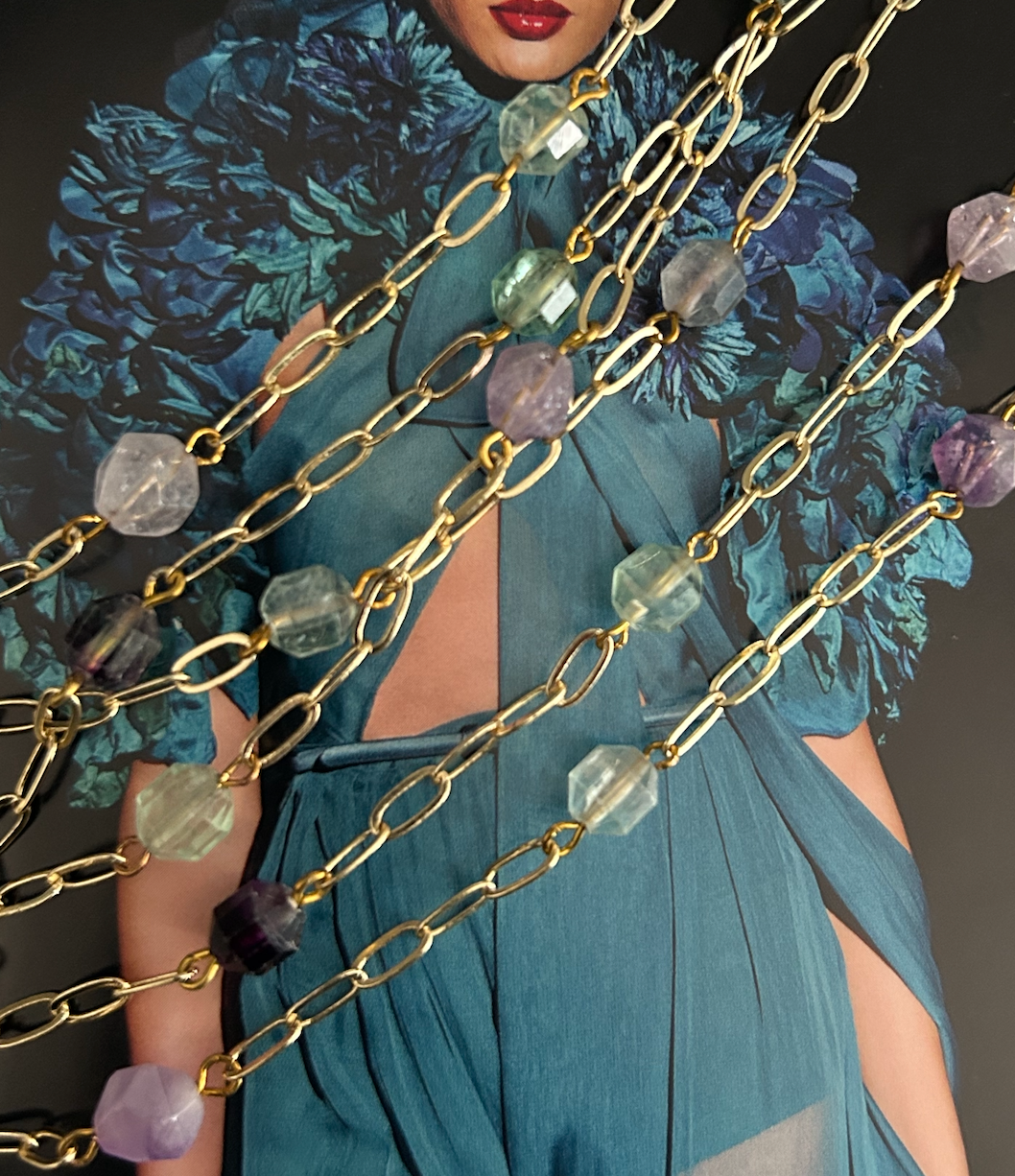 Aquamarine, Fluorite &  Amethyst Multi Strand Necklace on Gold Plate