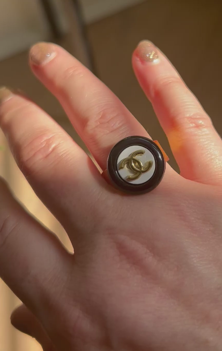 Black & White Chanel Button Ring on Gold Plate