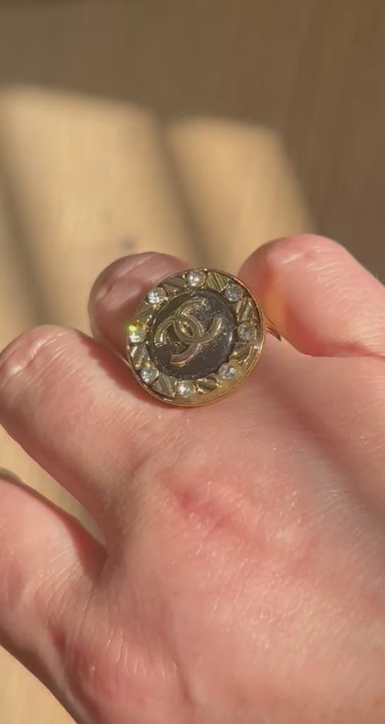 Black Enamel Diamante Chanel Button Ring on Gold Plate