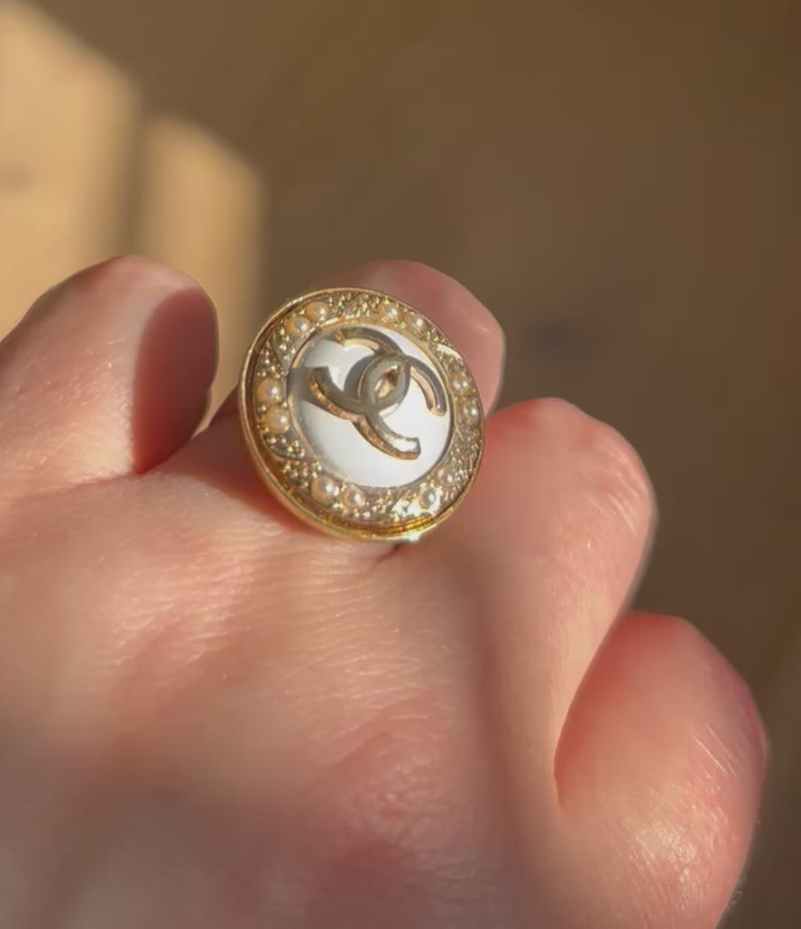 White Pearl Chanel Button Ring on Gold Plate