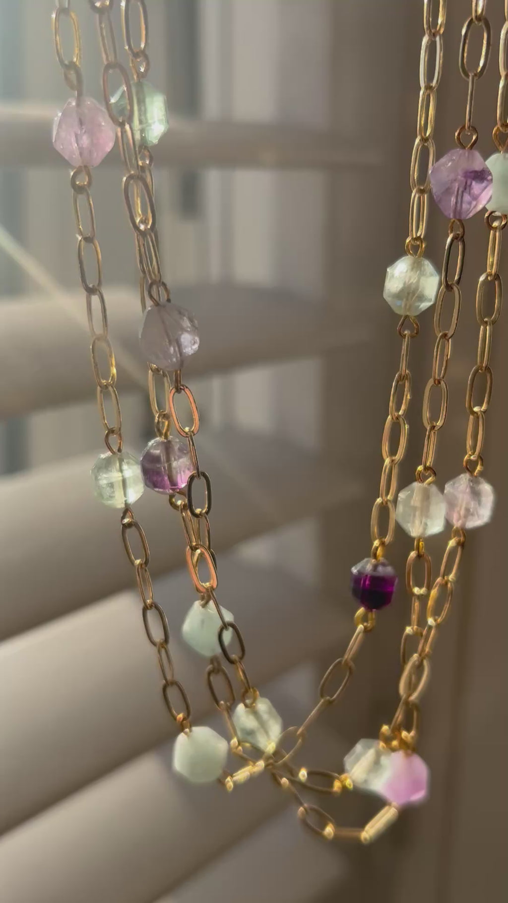 Aquamarine, Fluorite &  Amethyst Multi Strand Necklace on Gold Plate