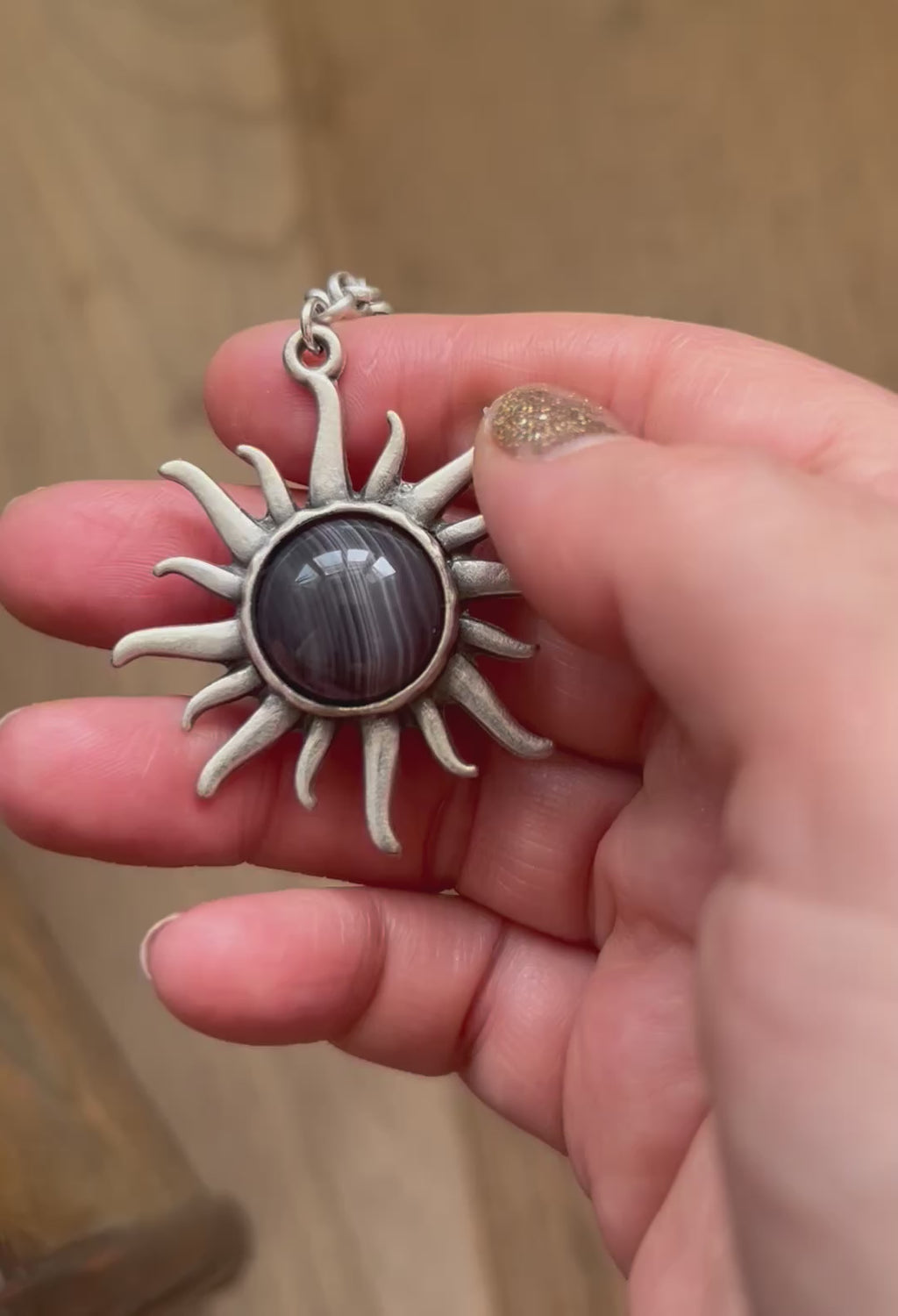 Botswana Agate on Silver Brass Sun Pendant Necklace