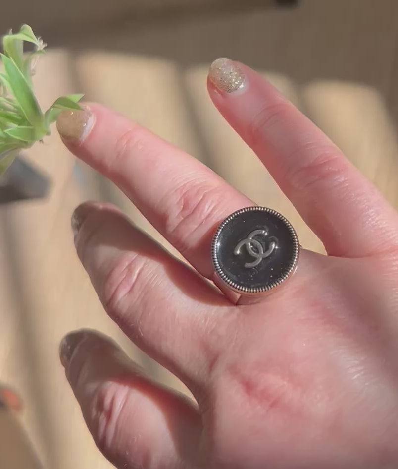 Black Enamel Chanel Button Ring on Silver Plate