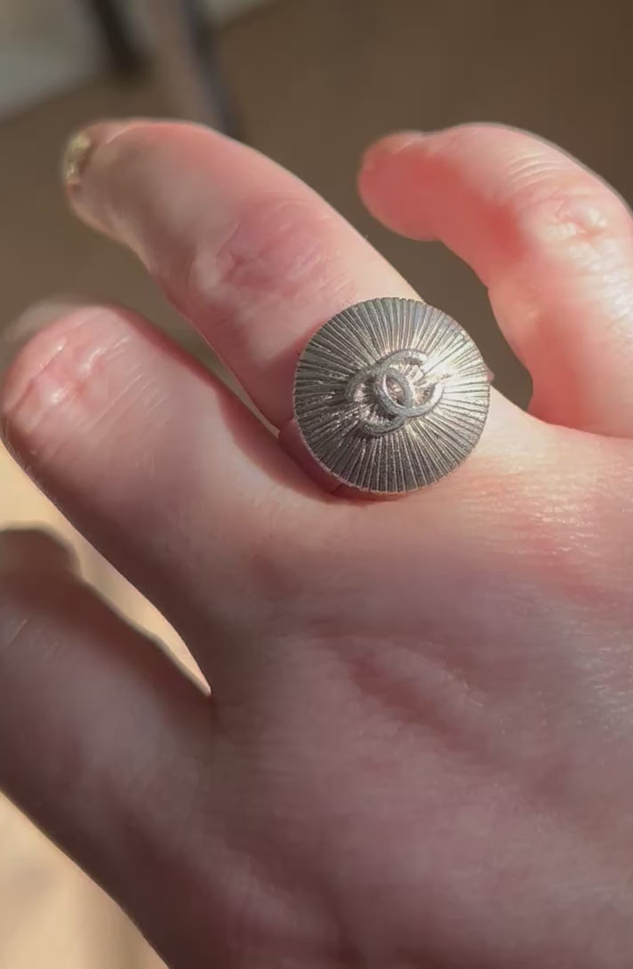 Silver Sunburst Chanel Button Ring on Silver Plate