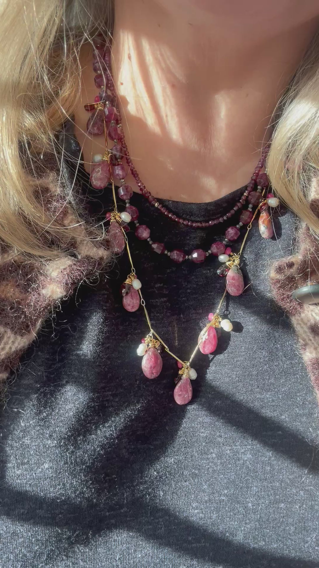 Rhodonite, Pink Kyanite, Pearl & Garnet on 24ct Gold Plate