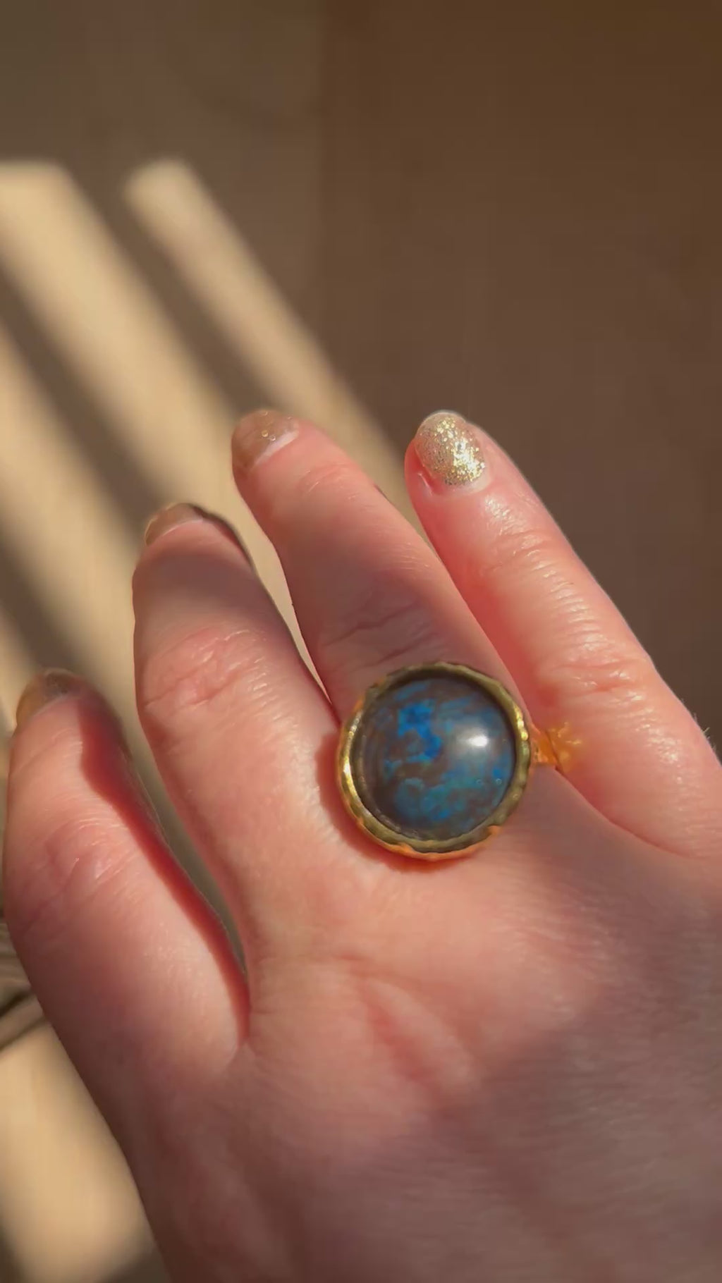 Dark Chrysocolla on Textured Gold Plated Brass Ring